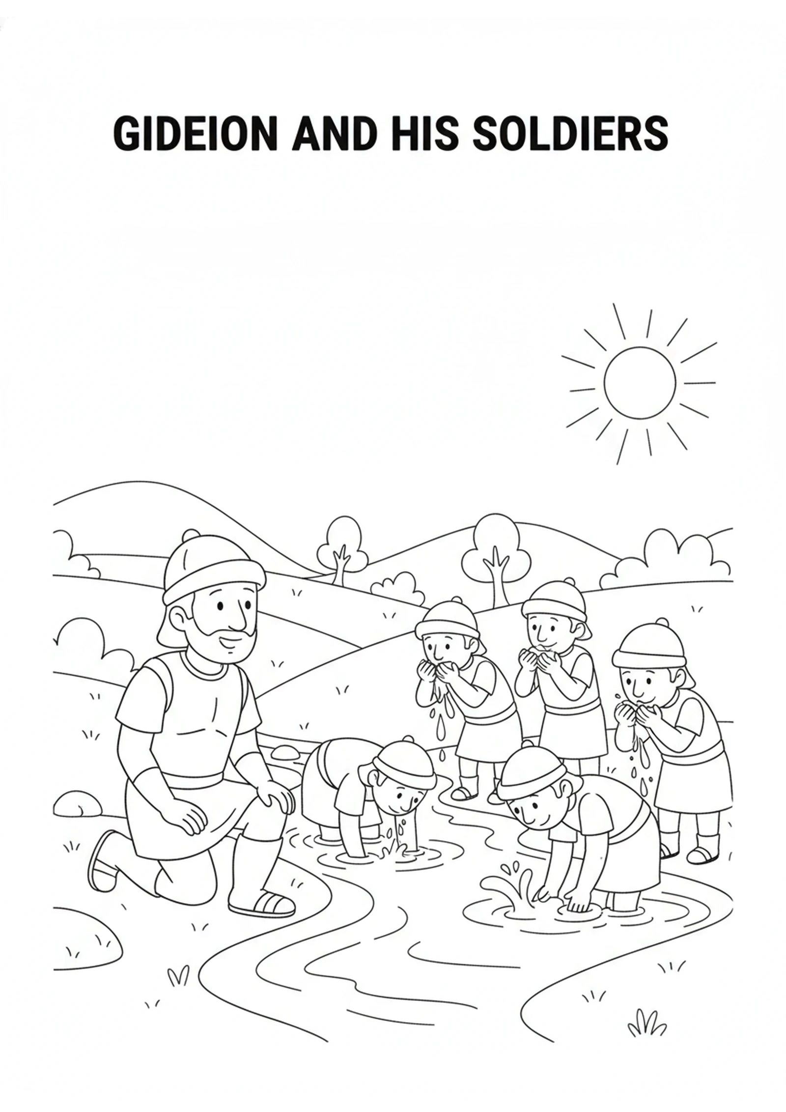 Gideon at the Stream — printable Bible coloring page from Gideon’s Three Hundred