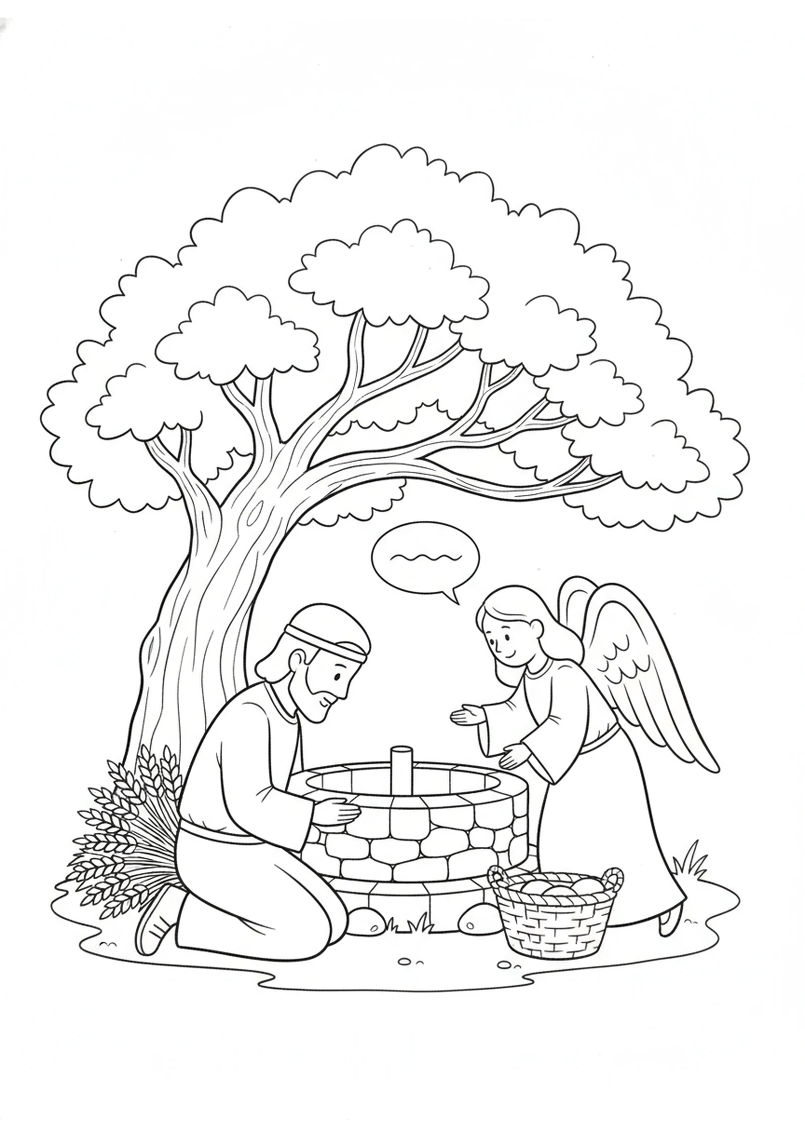 Gideon and the Angel by the Oak Tree — printable Bible coloring page from Gideon — The Fleece and the Call