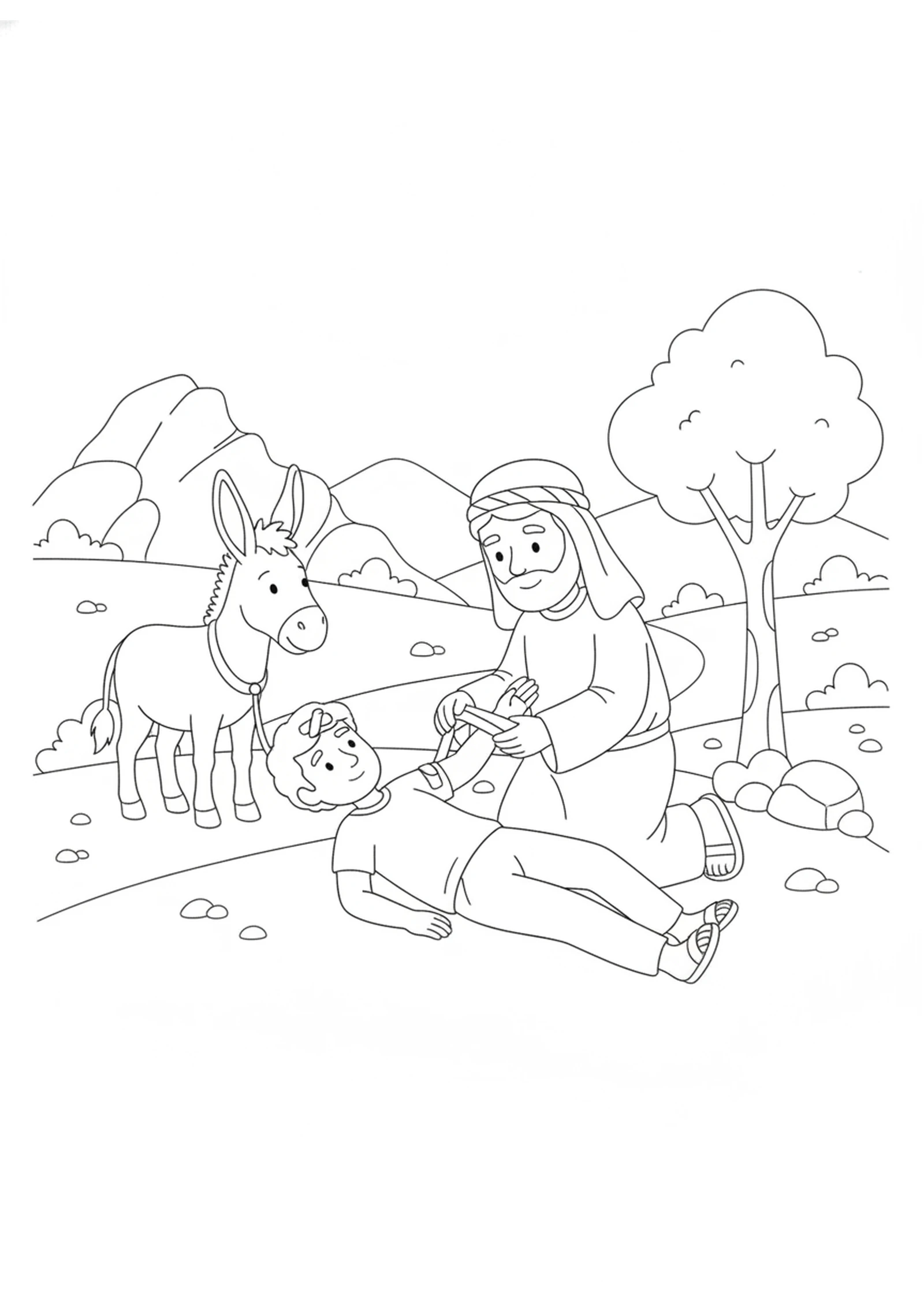 The Kind Samaritan Helps — printable Bible coloring page from The Good Samaritan