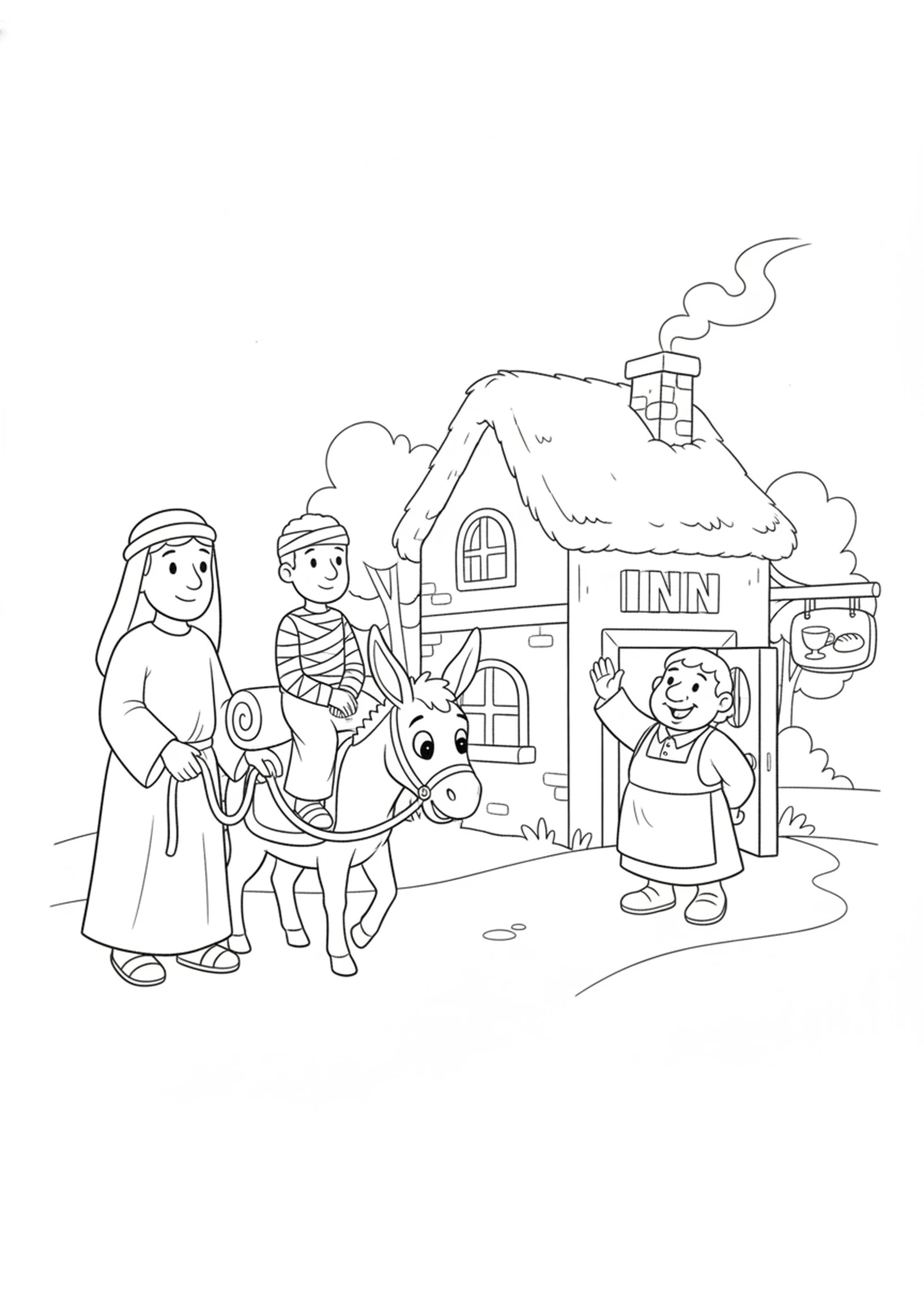 Resting at the Inn — printable Bible coloring page from The Good Samaritan