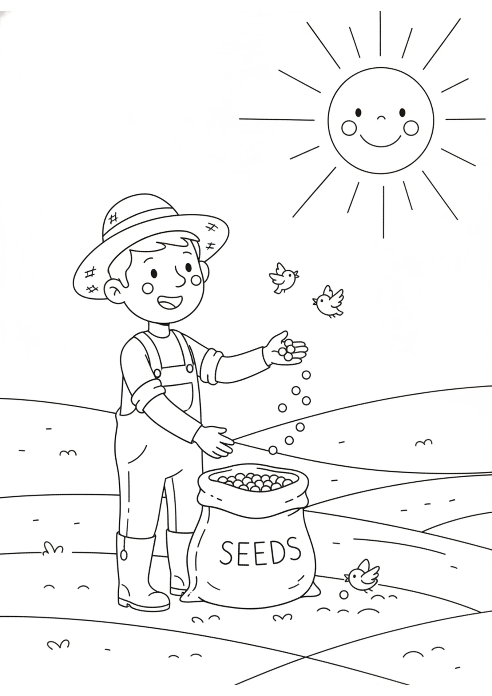 The Farmer Scatters Seeds — printable Bible coloring page from The Growing Seed