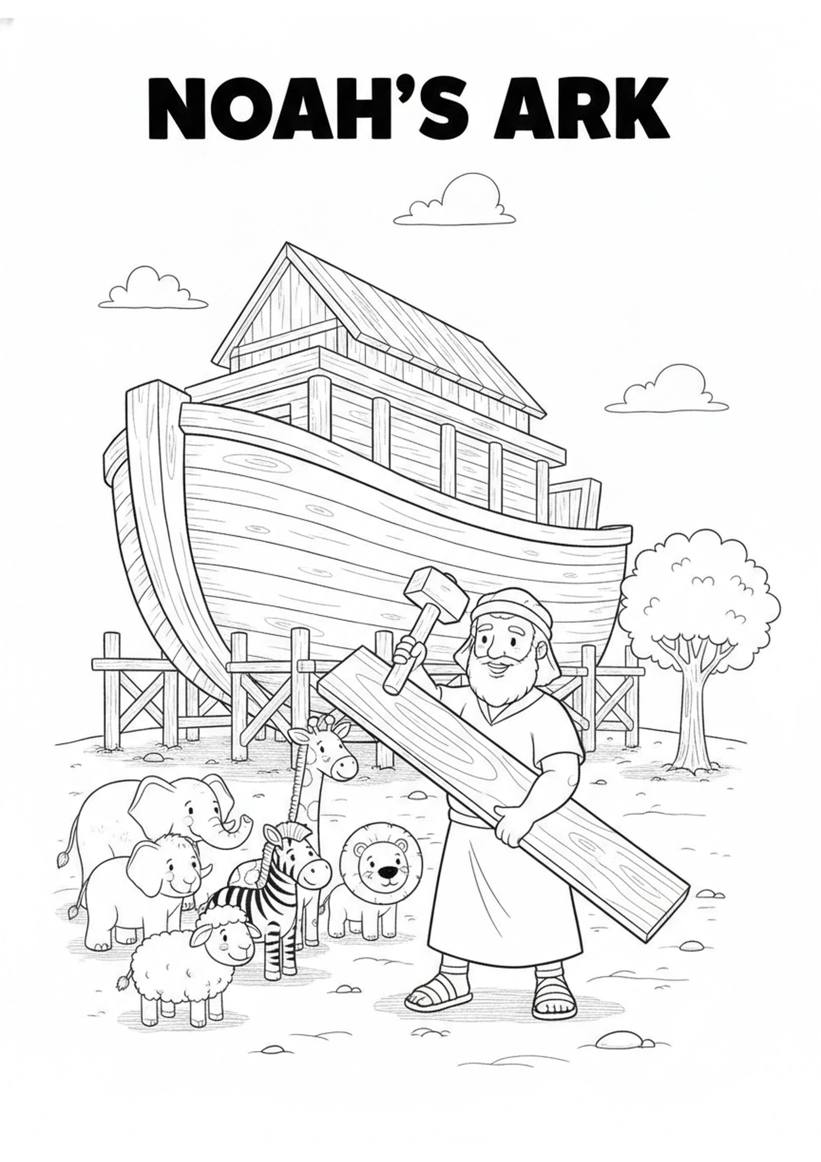 Noah Building the Ark — printable Bible coloring page from Heroes of Faith