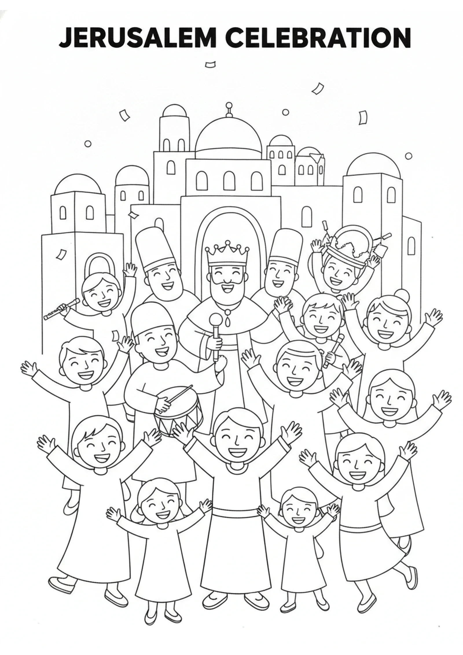 Celebrating Together in Jerusalem — printable Bible coloring page from Hezekiah’s Great Passover Invitation