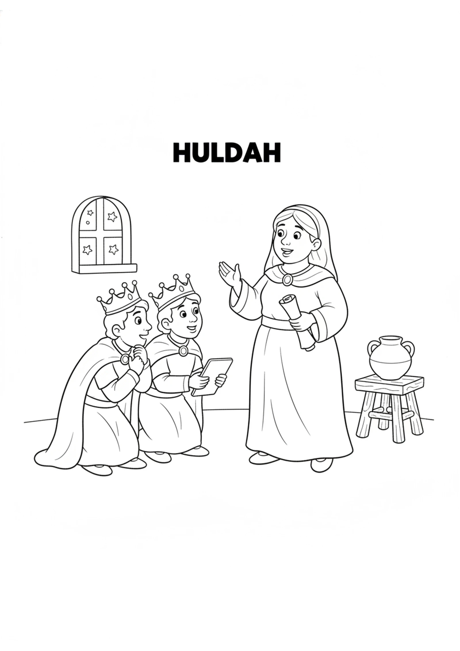 Huldah the Wise Prophetess — printable Bible coloring page from Huldah, the Prophetess the King Trusted