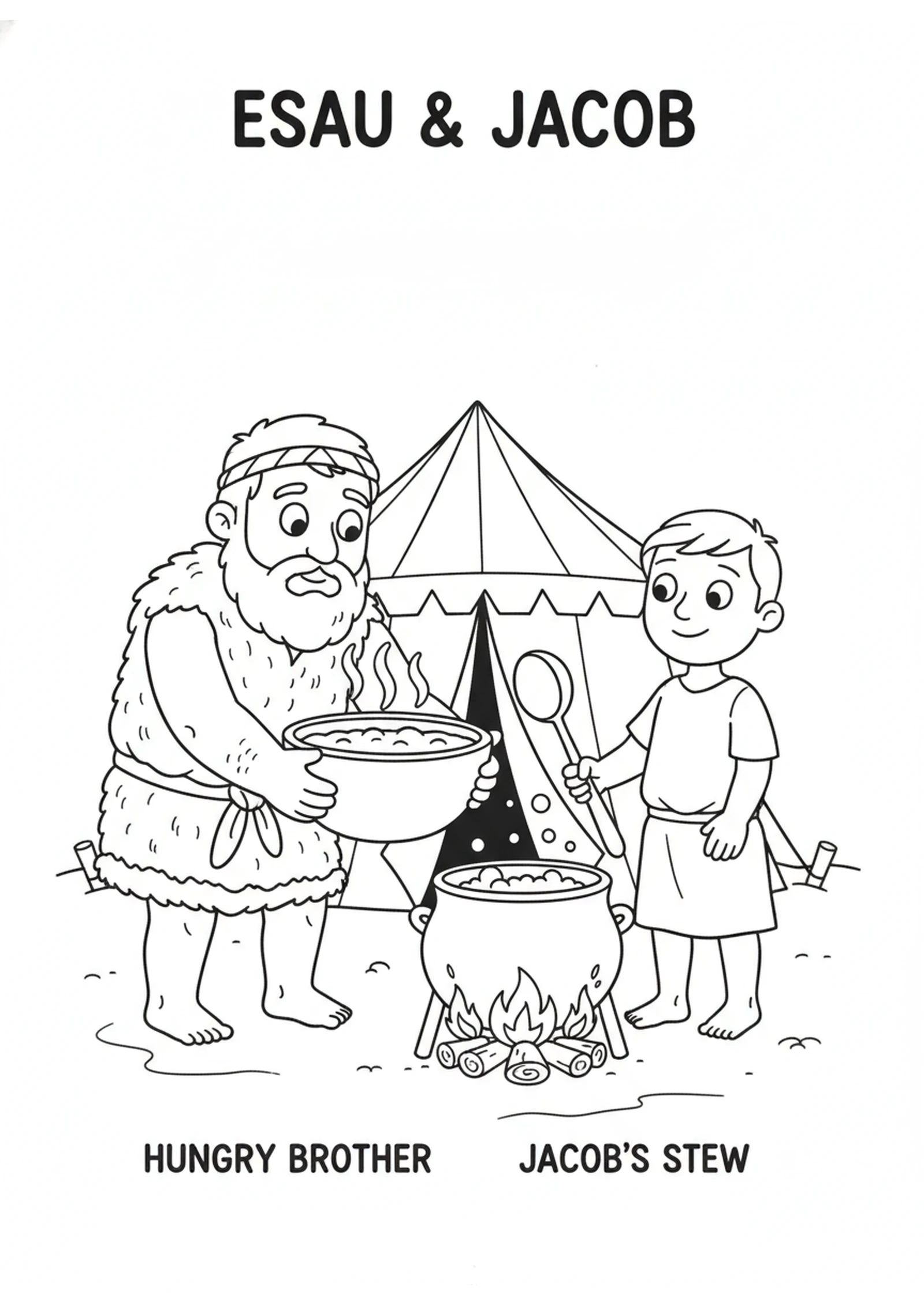 Esau and the Bowl of Stew — printable Bible coloring page from Jacob and Esau — Birthright and Blessing