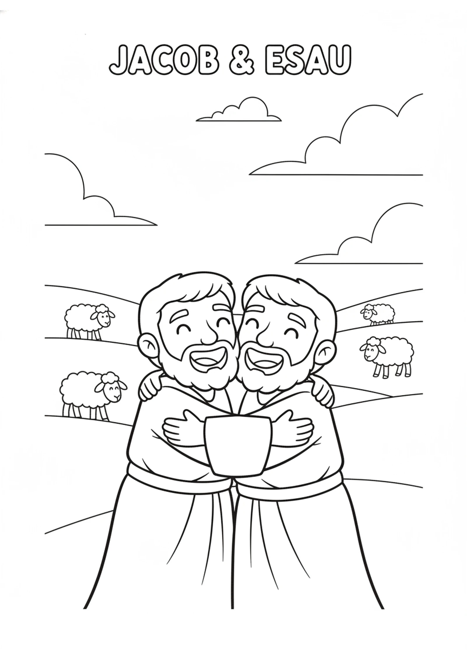 The Brothers Hug Again — printable Bible coloring page from Jacob and Esau — Birthright and Blessing
