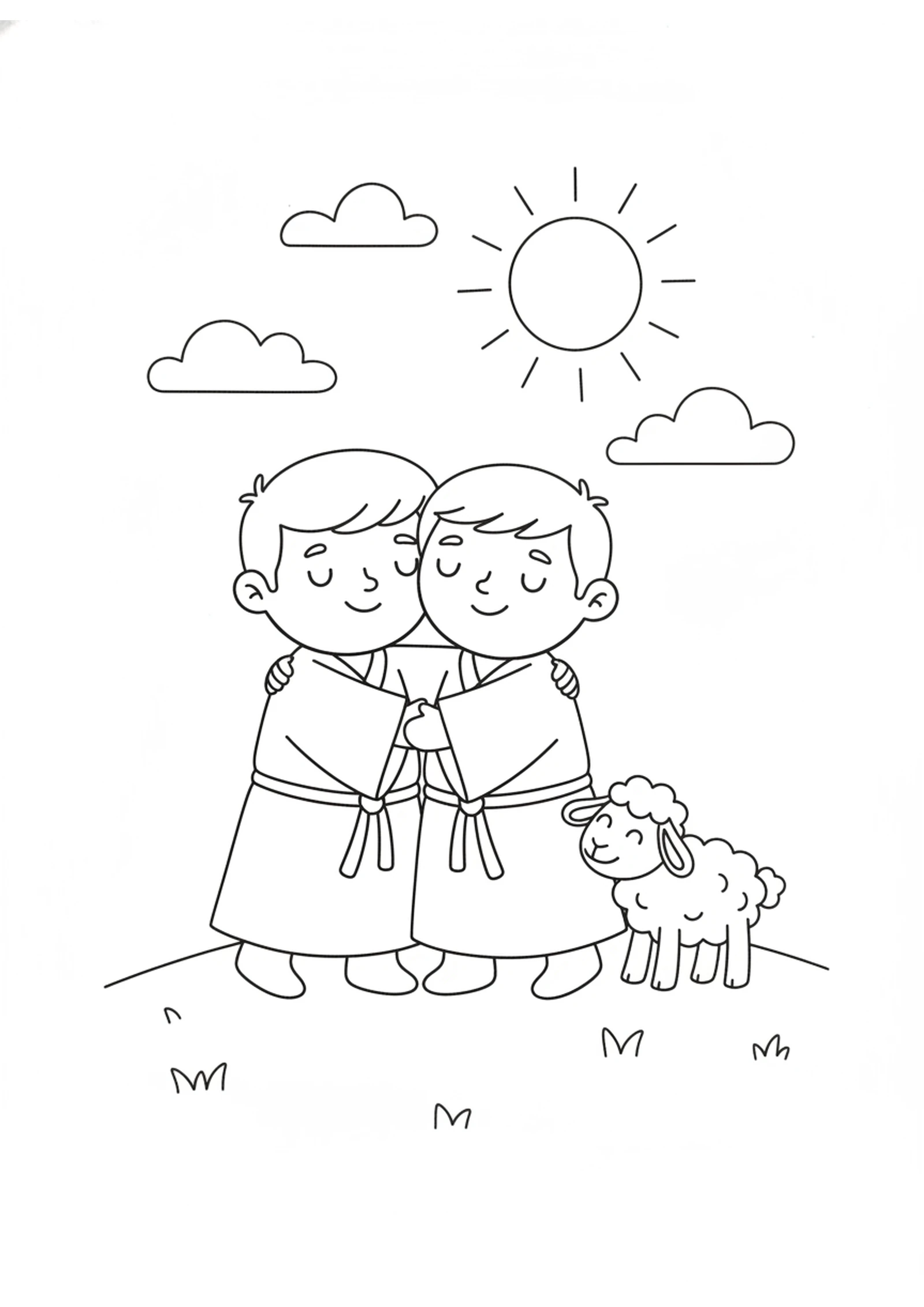 The Brothers' Big Hug — printable Bible coloring page from Jacob and Esau Reconcile
