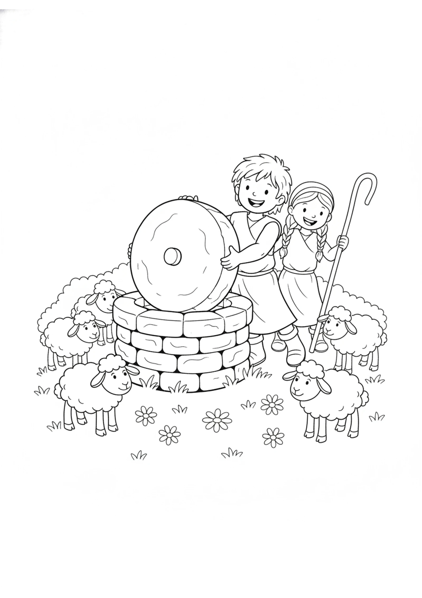 Jacob at the Well — printable Bible coloring page from Jacob, Leah and Rachel