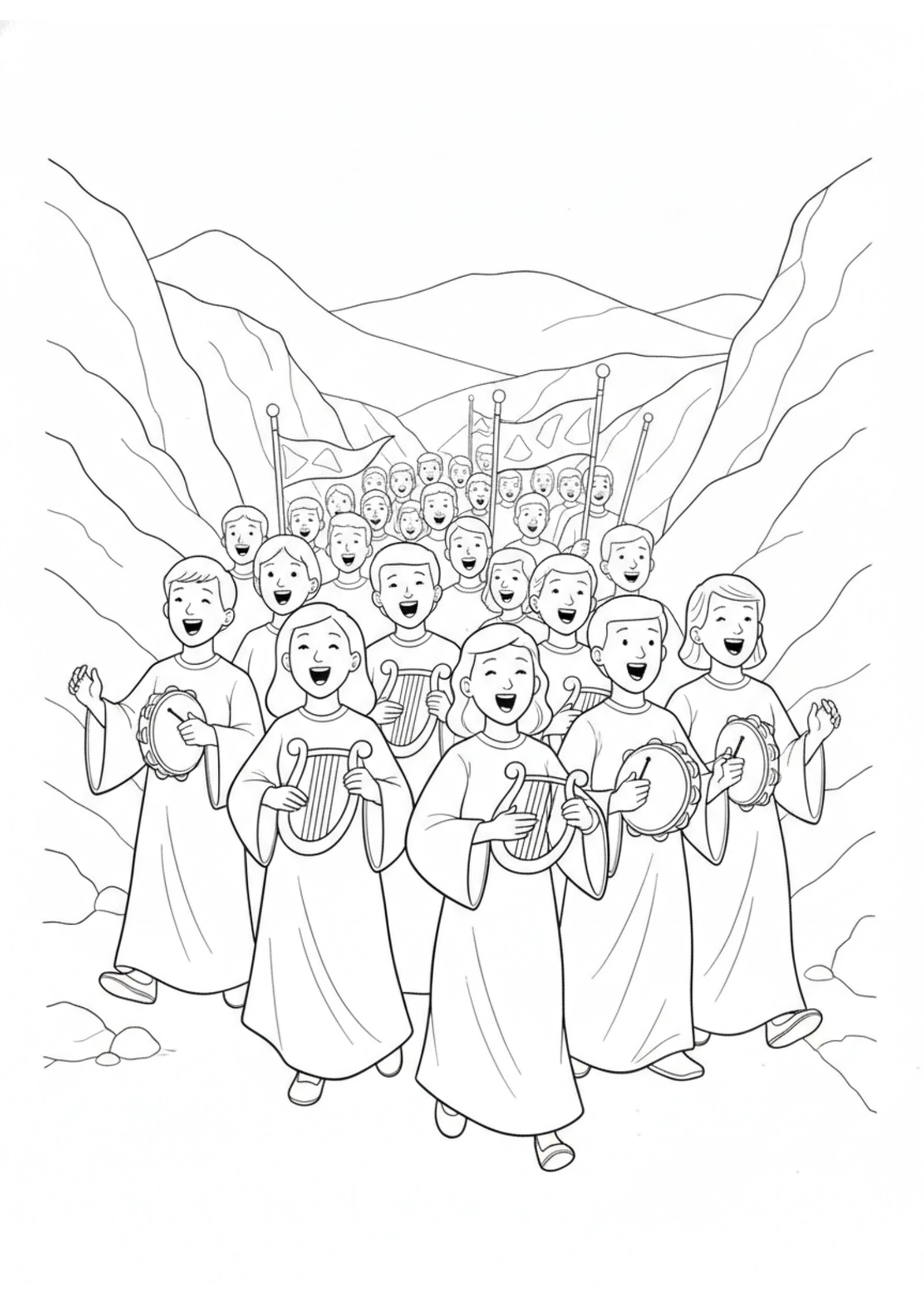 The Singing Choir Leads the Way — printable Bible coloring page from Jehoshaphat’s Choir Wins the Battle