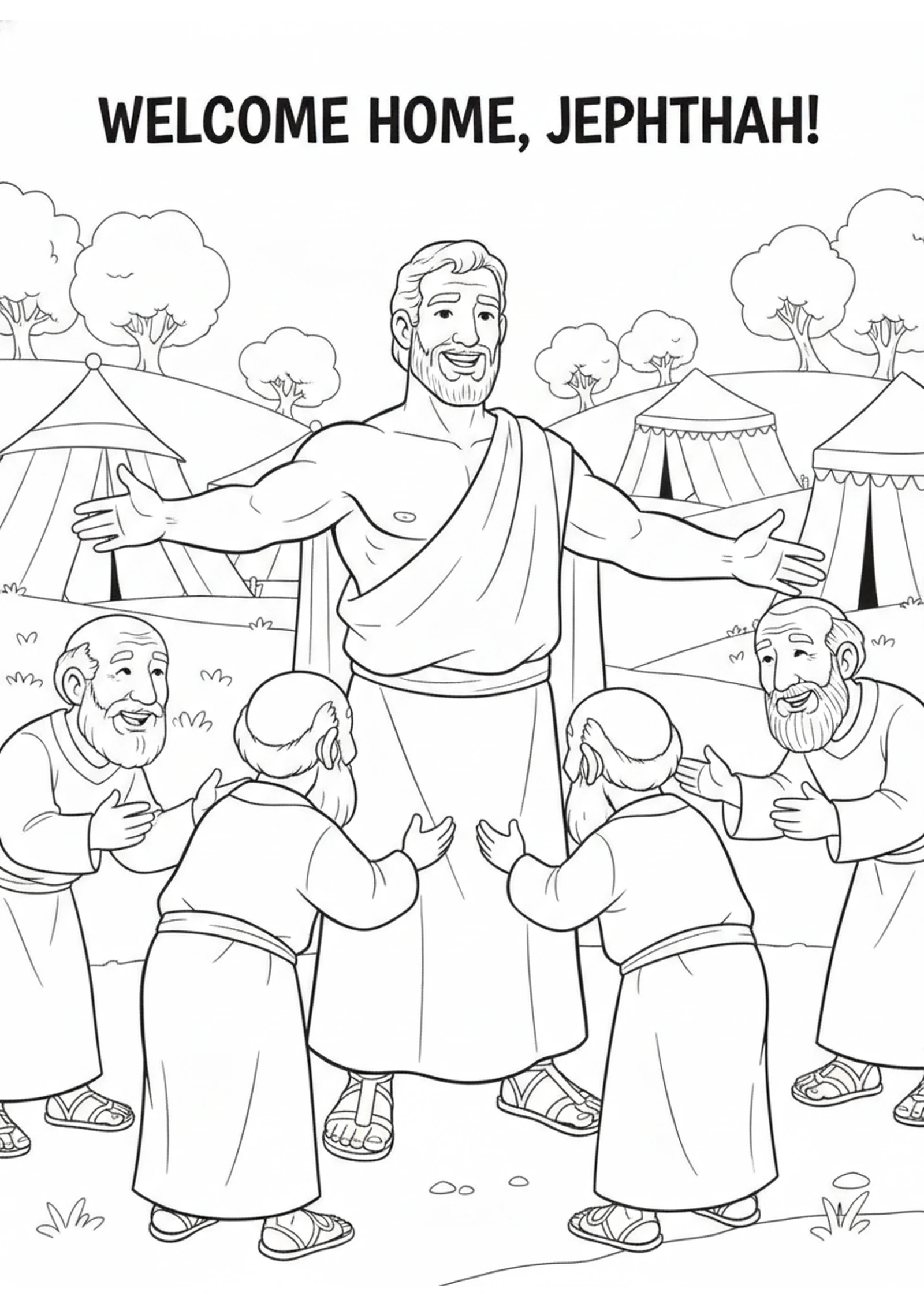 Jephthah Comes Home — printable Bible coloring page from Jephthah, the Unlikely Leader
