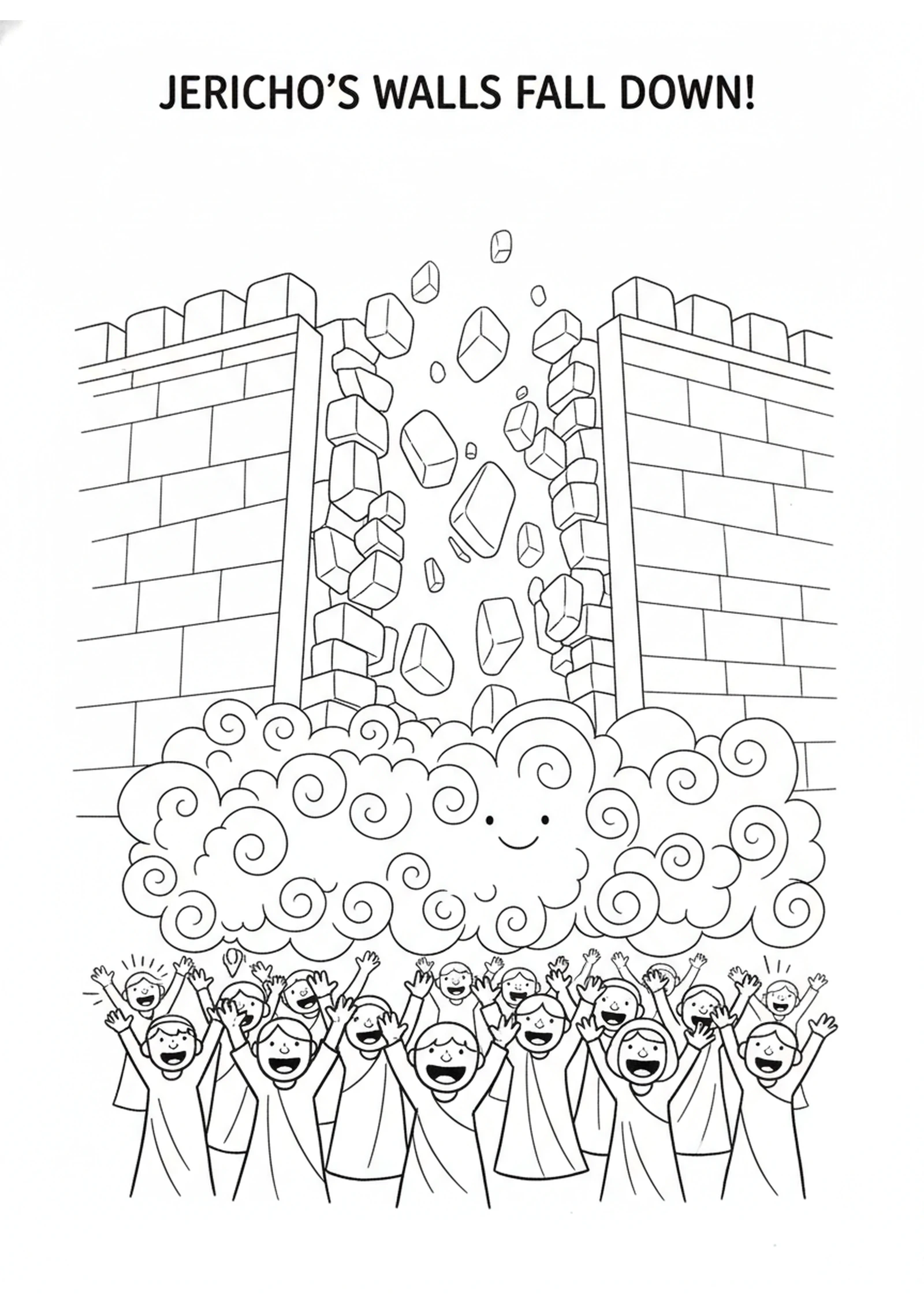 The Walls Come Tumbling Down — printable Bible coloring page from The Battle of Jericho