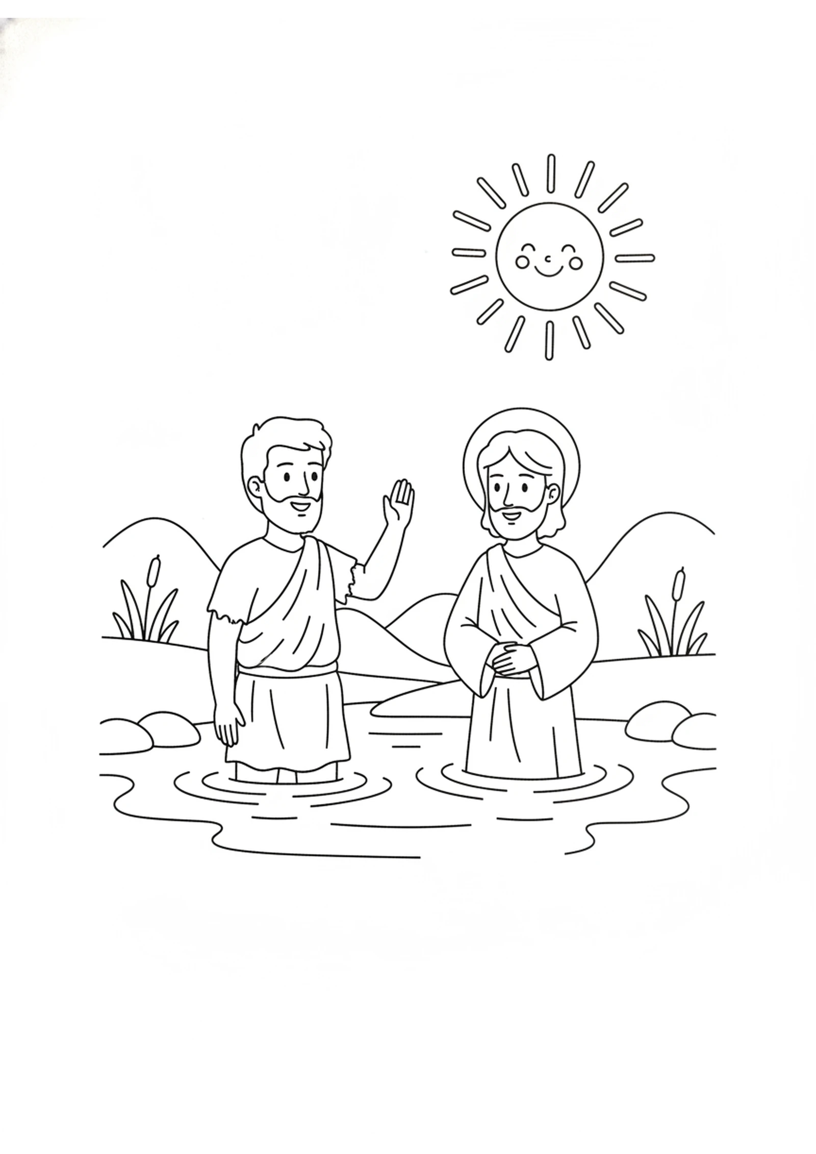Jesus at the River Jordan — printable Bible coloring page from Jesus Is Baptized