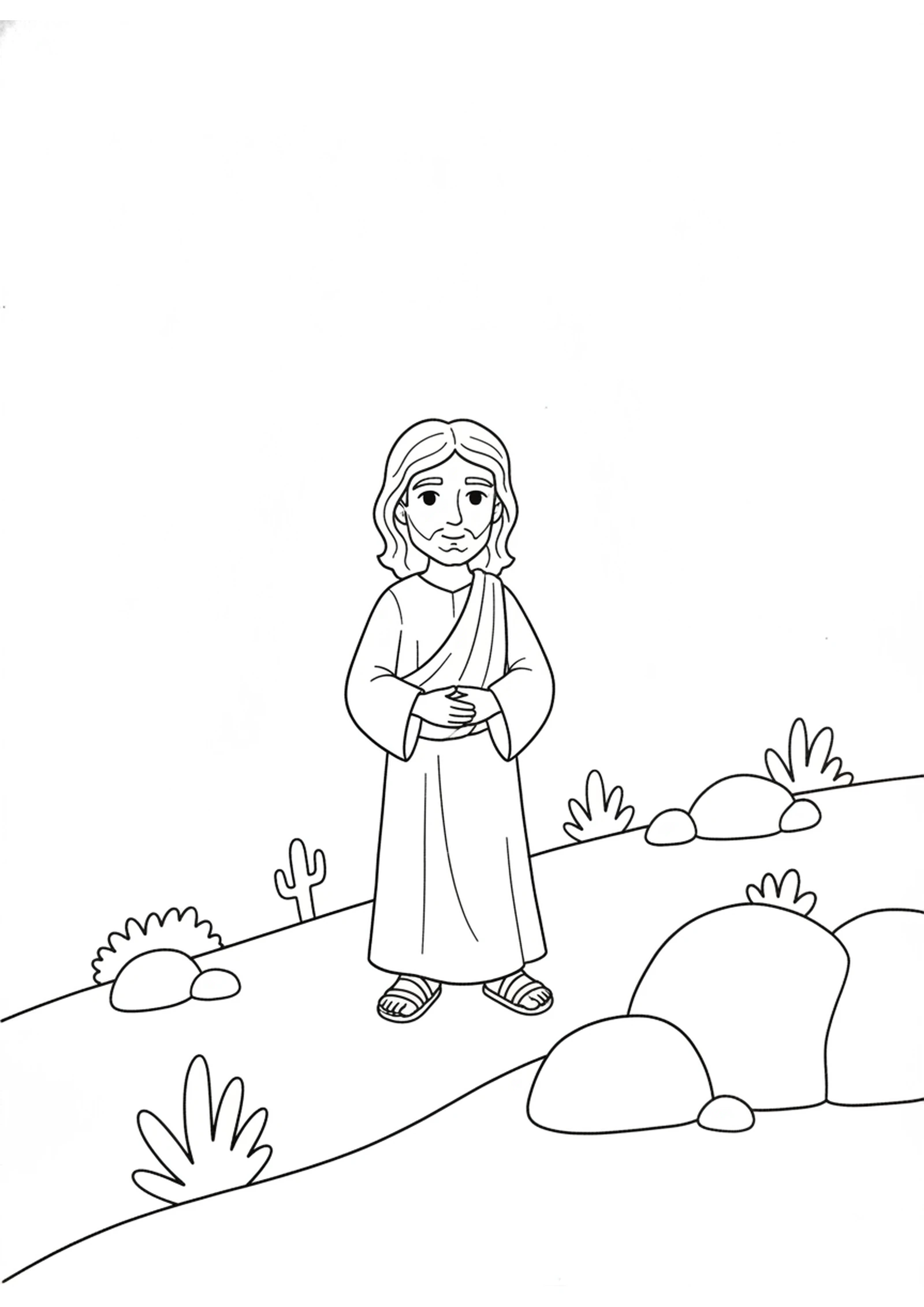Jesus in the Desert — printable Bible coloring page from Jesus Is Tempted in the Wilderness