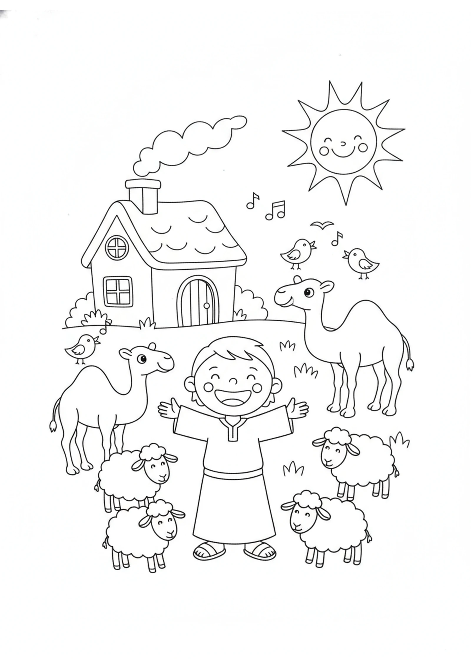 Job's Happy New Home — printable Bible coloring page from God Answers Job from the Whirlwind
