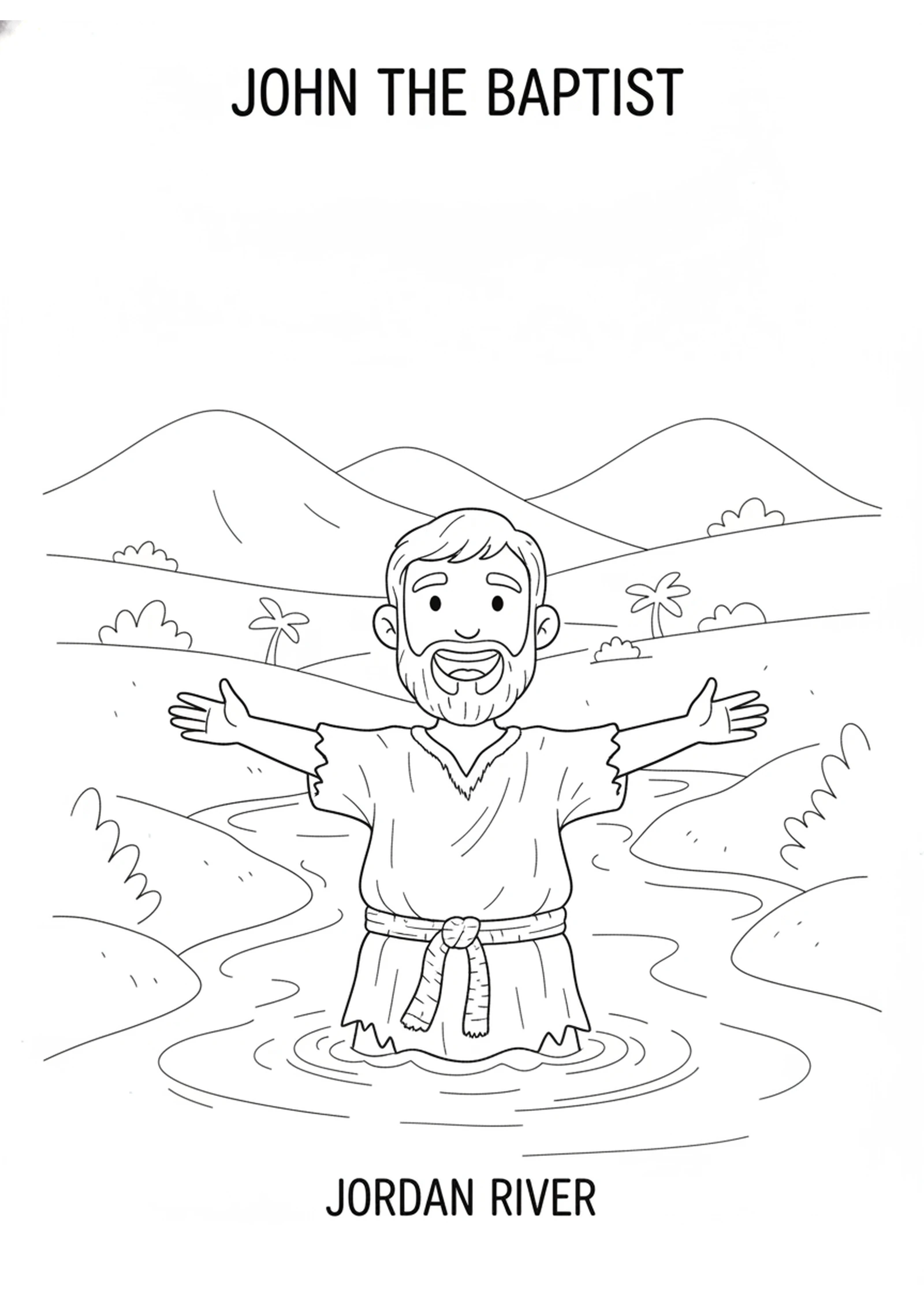 John by the Jordan River — printable Bible coloring page from John the Baptist Prepares the Way