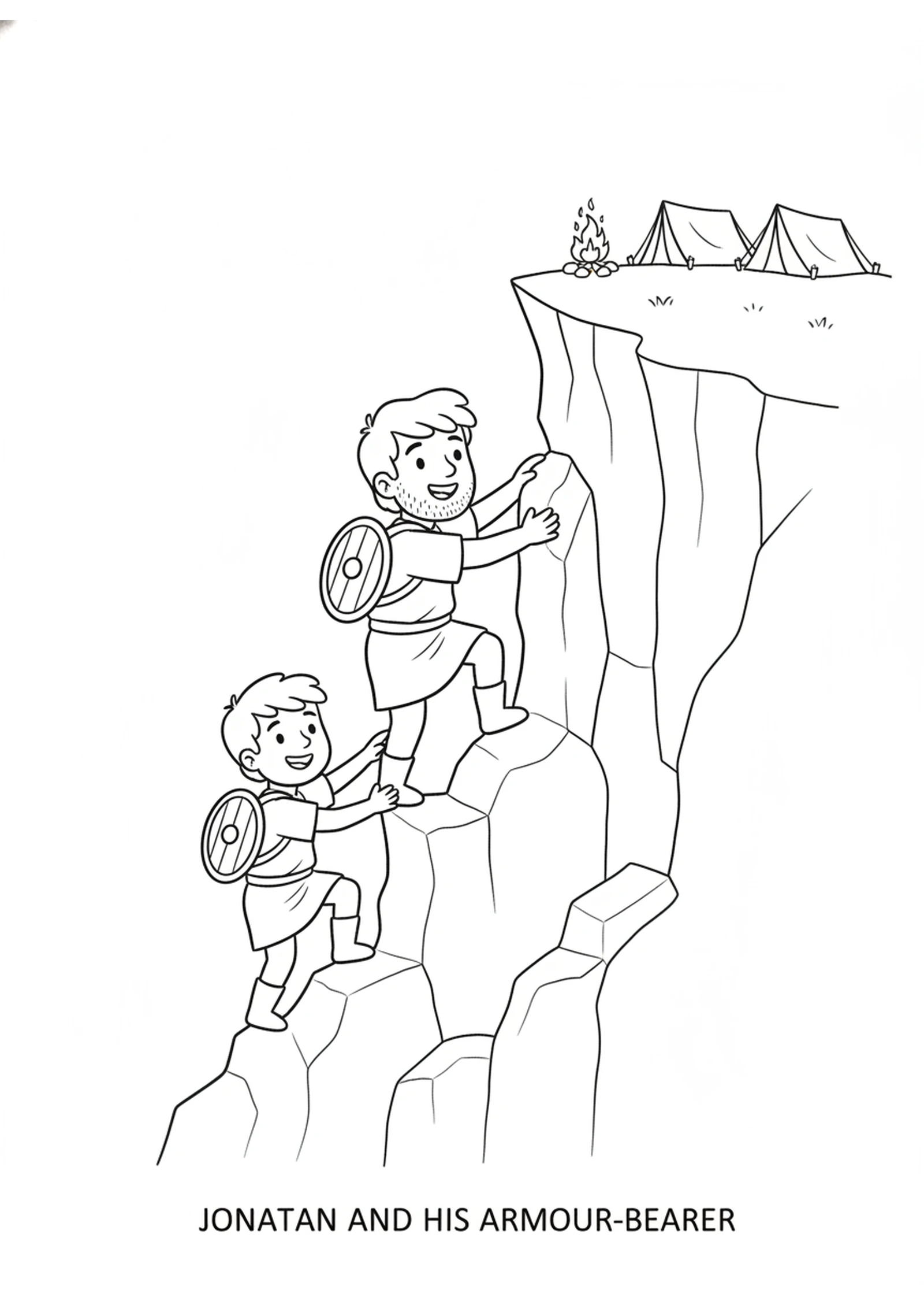 Climbing the Cliff — printable Bible coloring page from Jonathan and His Armor-Bearer Storm the Outpost