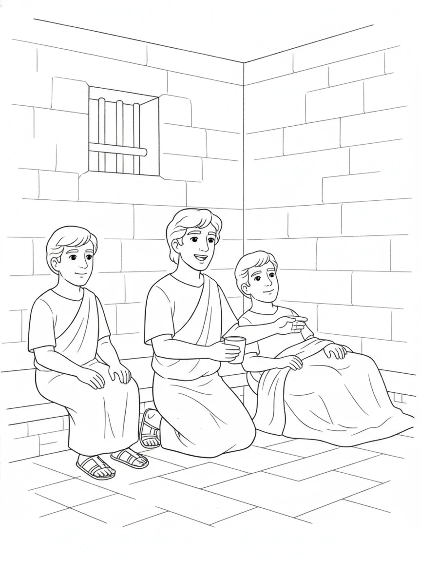 Joseph Helps in the Prison — printable Bible coloring page from Joseph in Prison — God Is Still with Joseph