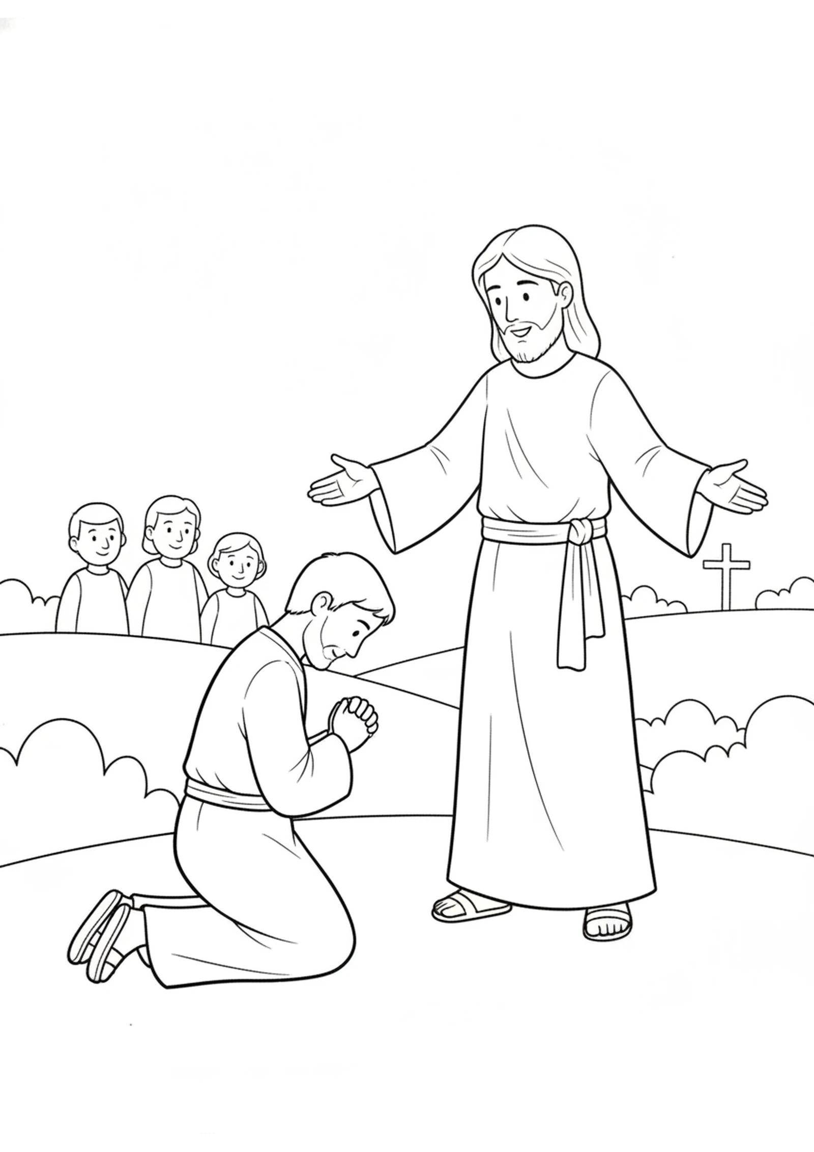 The Brave Man Kneels Before Jesus — printable Bible coloring page from Healing a Man with Leprosy