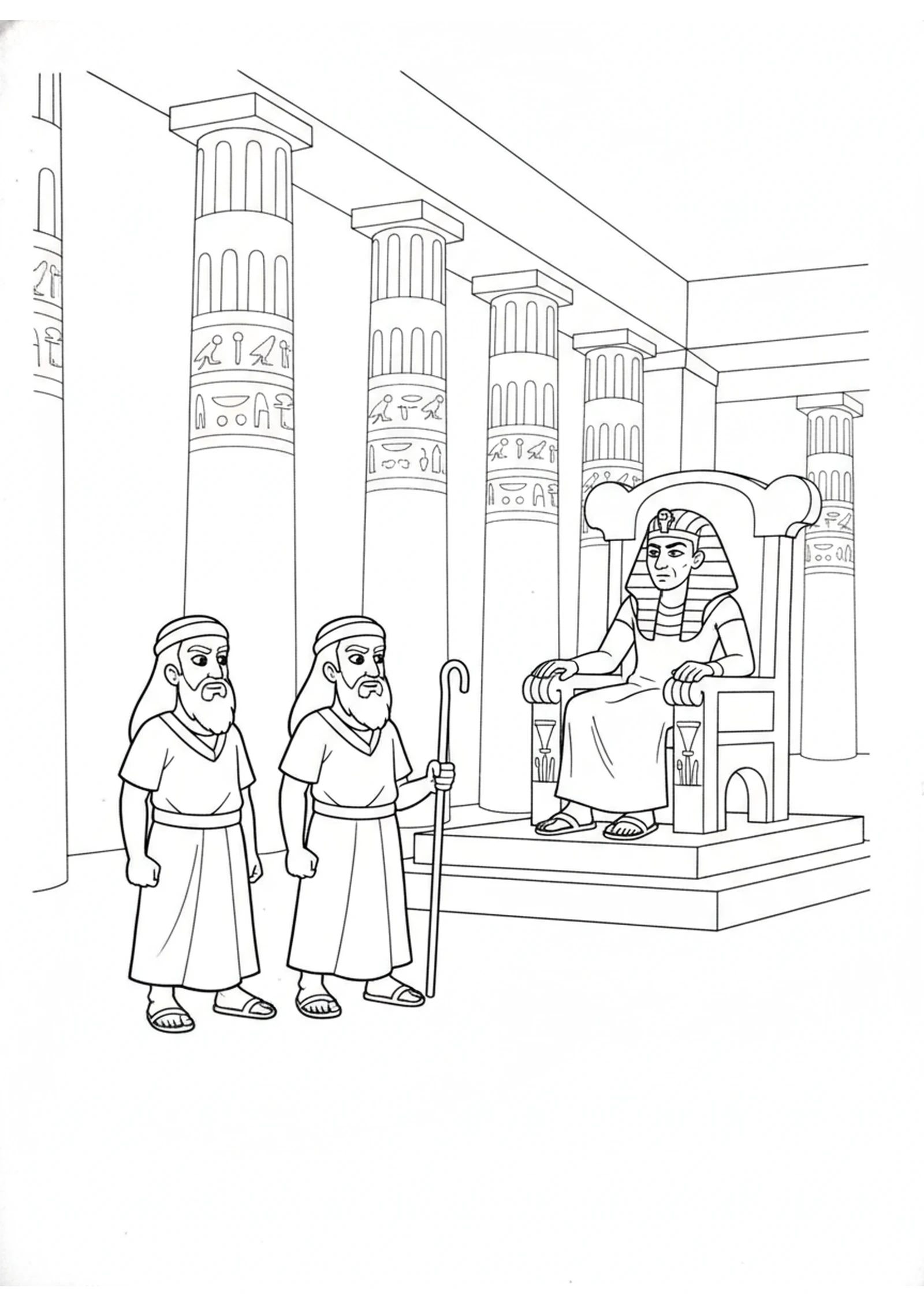 Moses and Aaron Before Pharaoh — printable Bible coloring page from Let My People Go