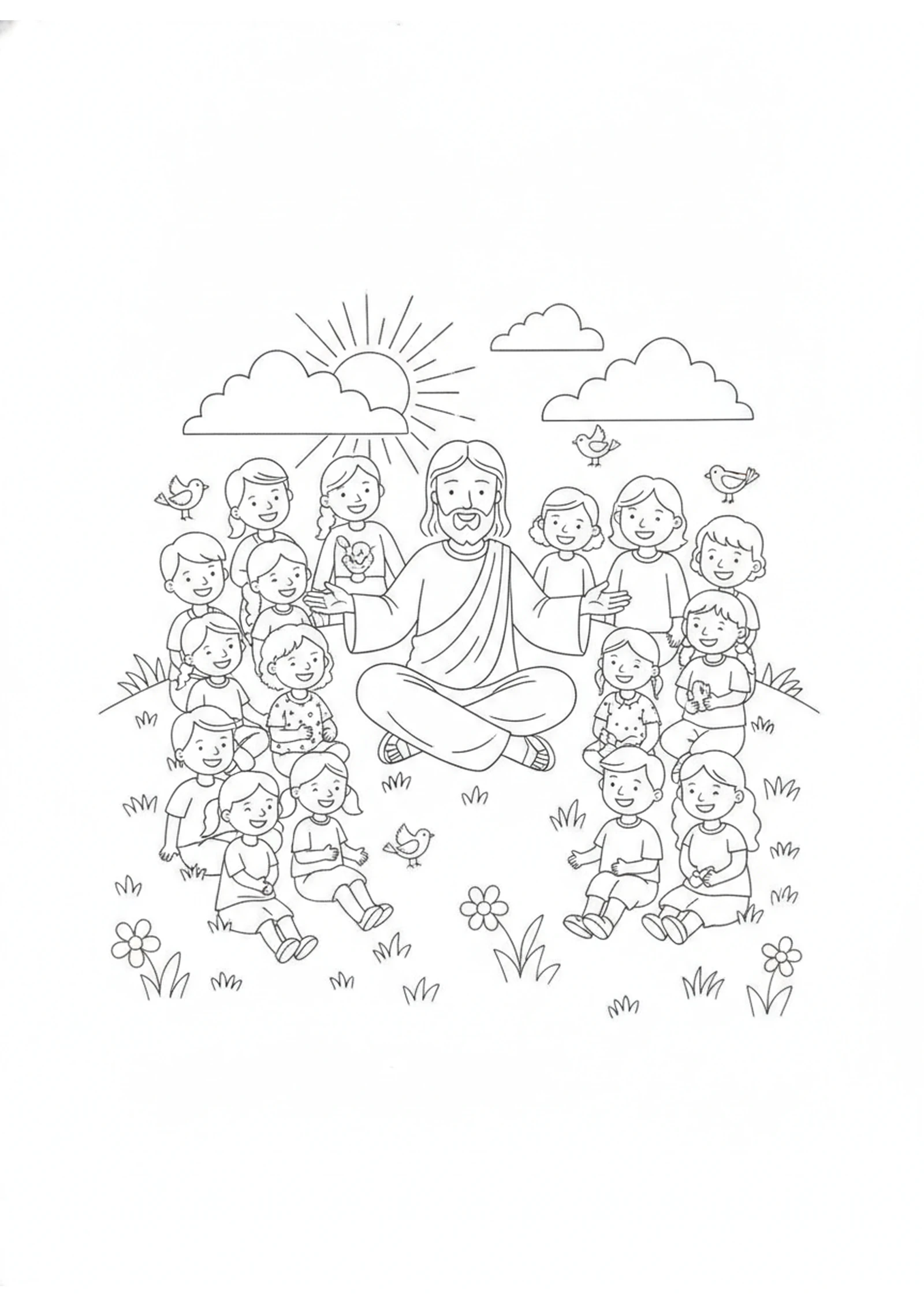 Jesus Teaching on the Hillside — printable Bible coloring page from The Lord’s Prayer