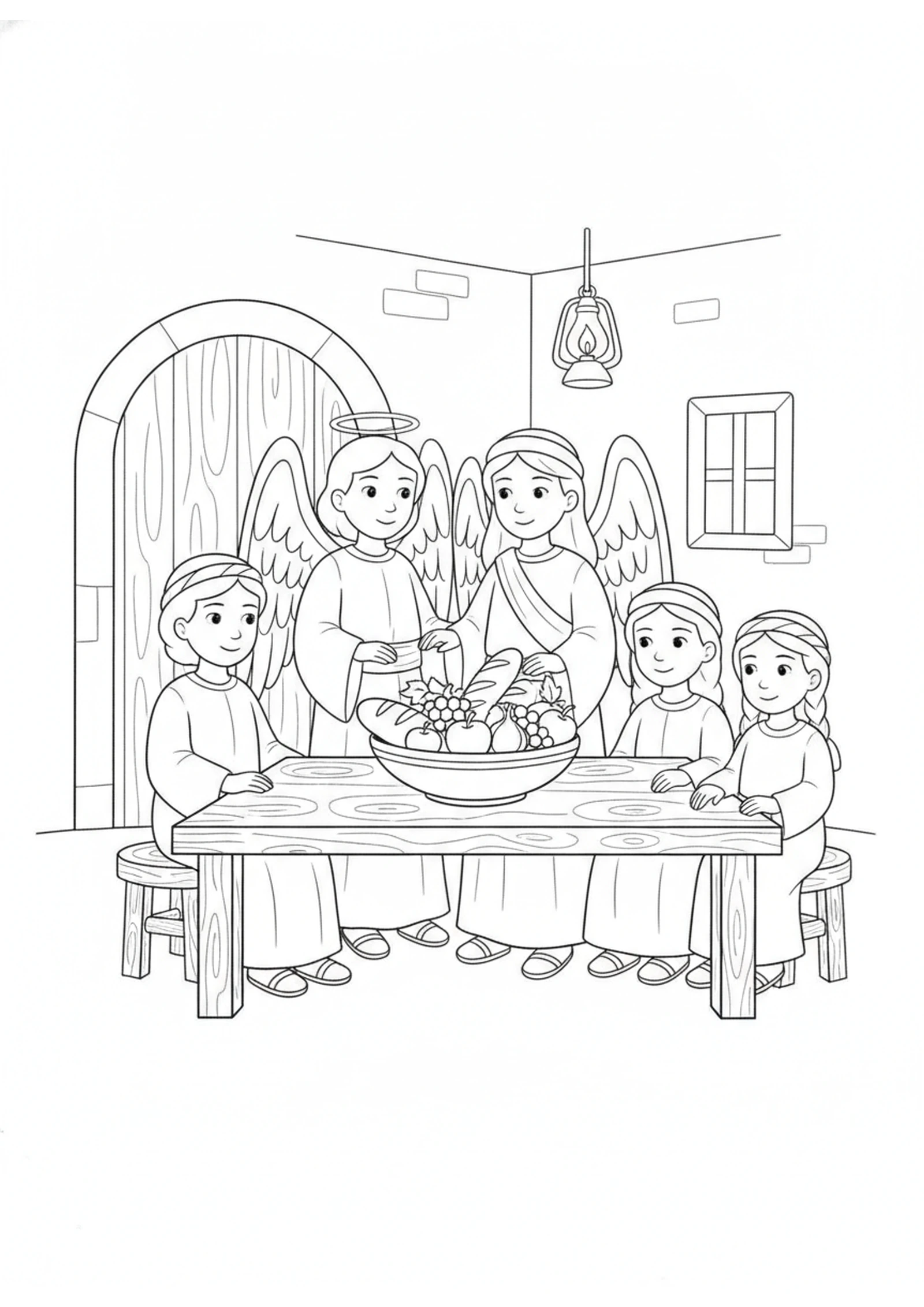 Lot Welcomes the Angels — printable Bible coloring page from Lot Is Rescued from Sodom