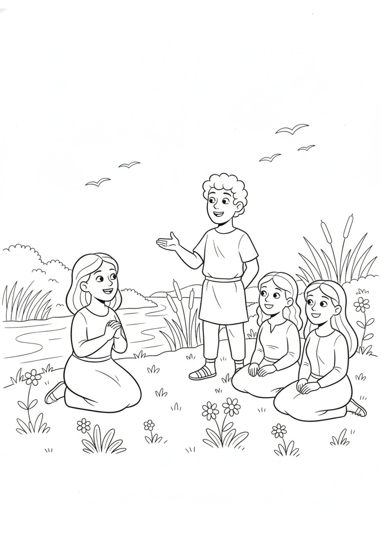 Lydia Listening by the River — printable Bible coloring page from Lydia by the River