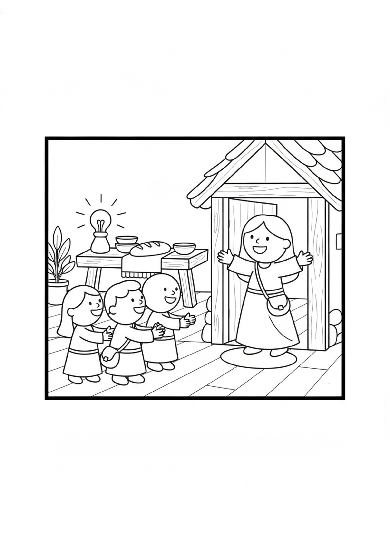 Lydia Welcomes Friends Home — printable Bible coloring page from Lydia by the River