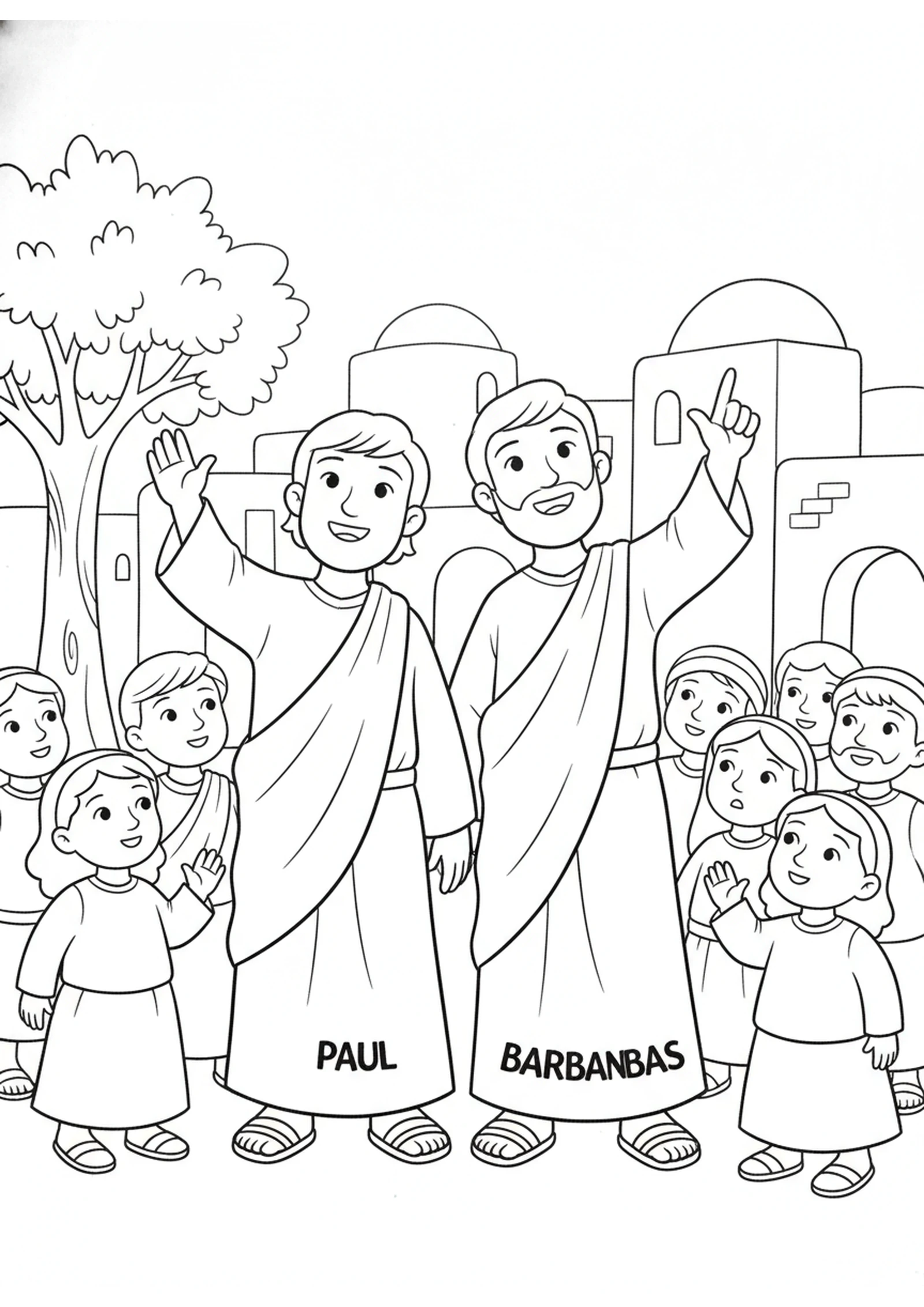 Paul Points to the Sky — printable Bible coloring page from Mistaken for Gods in Lystra