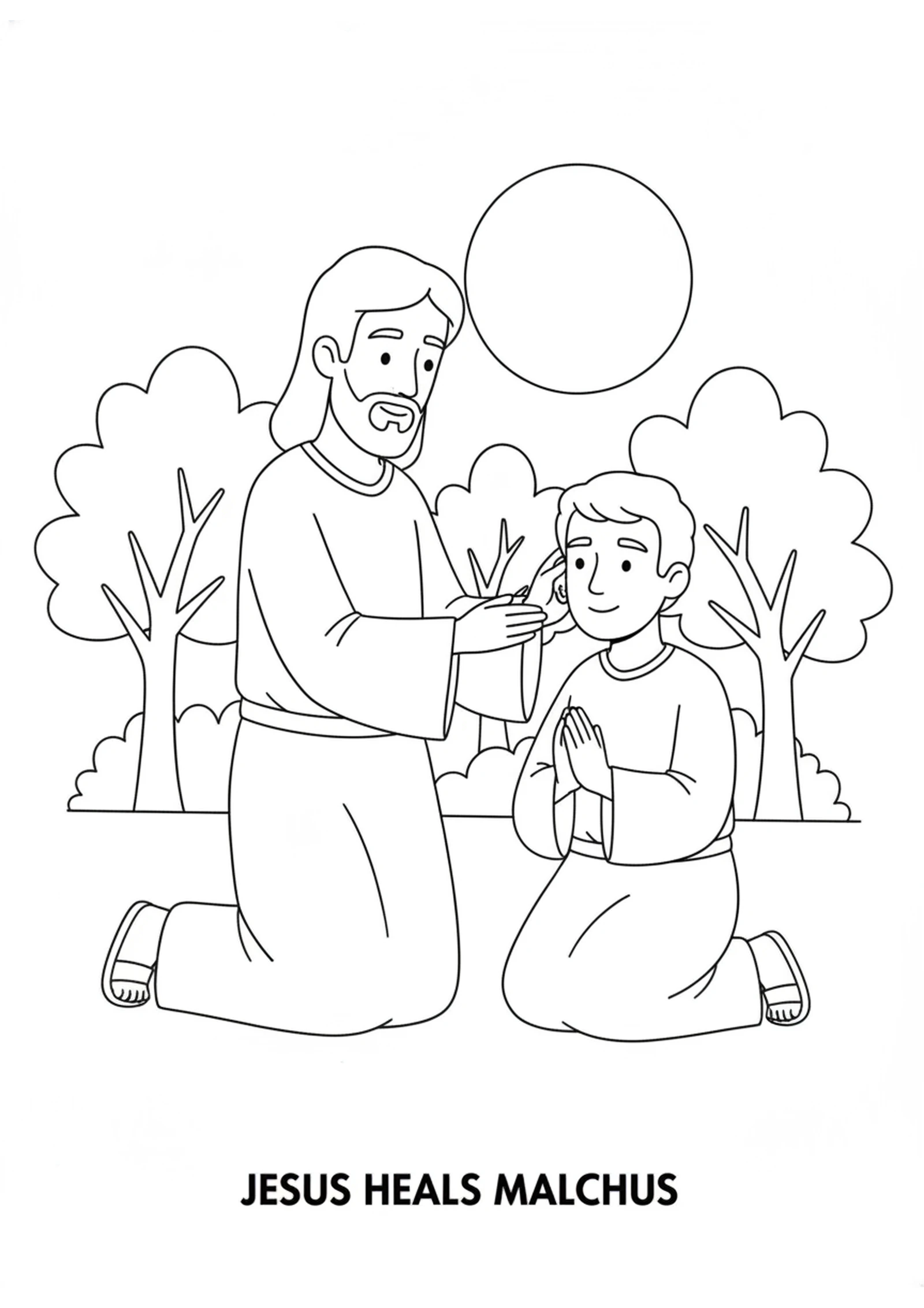 Jesus Heals Malchus — printable Bible coloring page from Healing Malchus’s Ear
