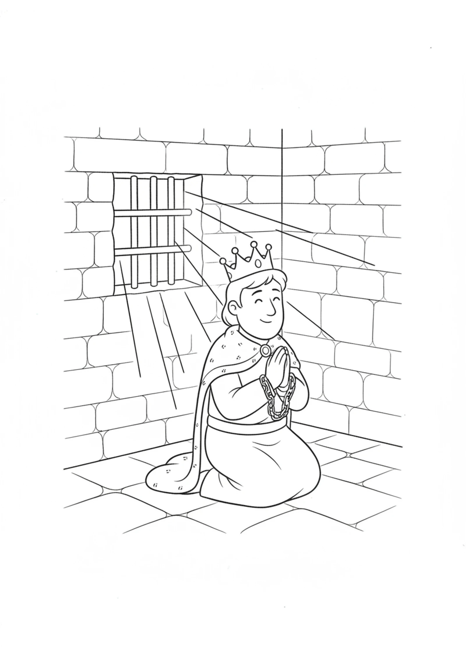 Manasseh Prays in Prison — printable Bible coloring page from Manasseh — The Worst King Comes Home
