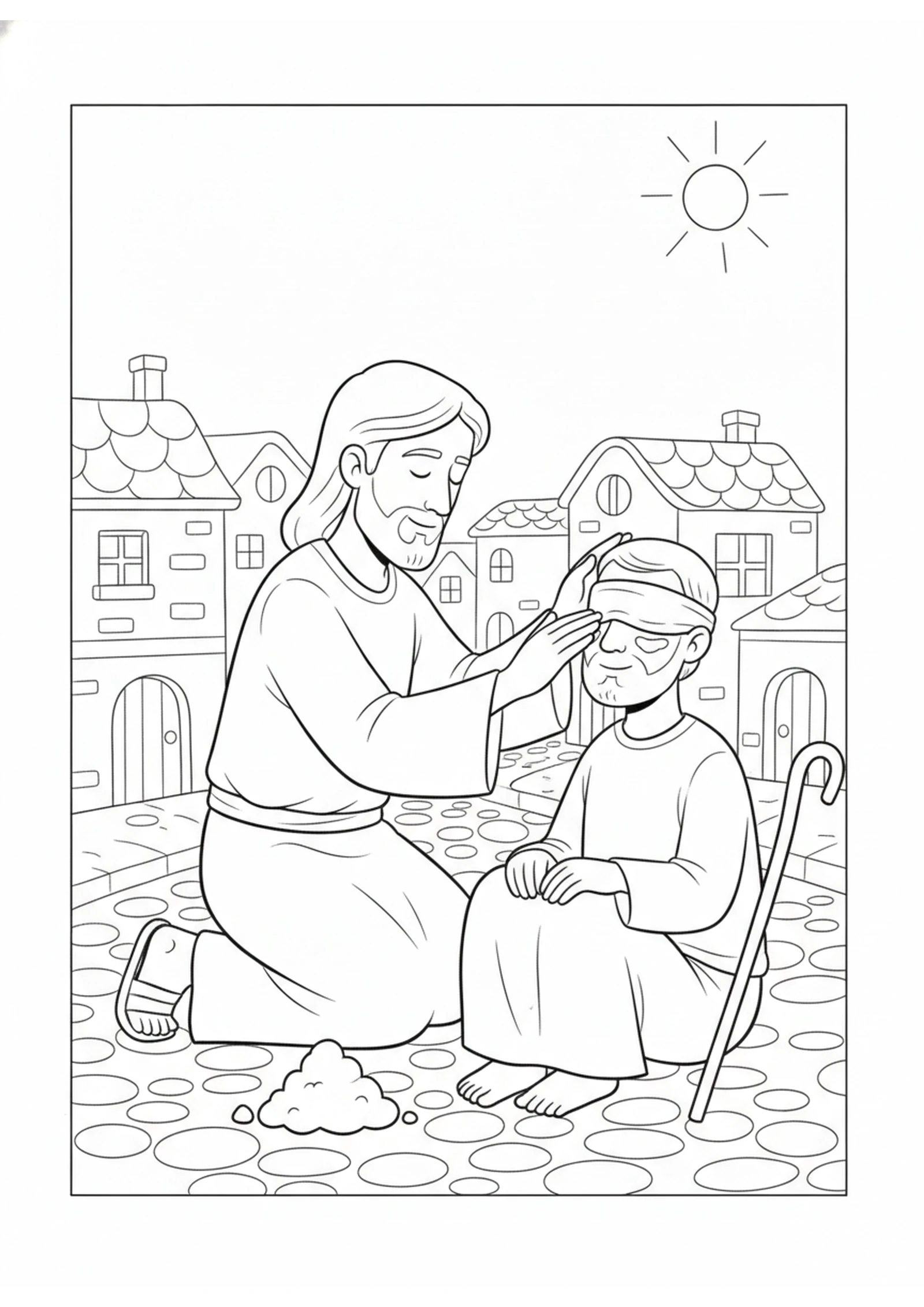 Jesus Puts Mud on the Blind Man's Eyes — printable Bible coloring page from Healing the Man Born Blind