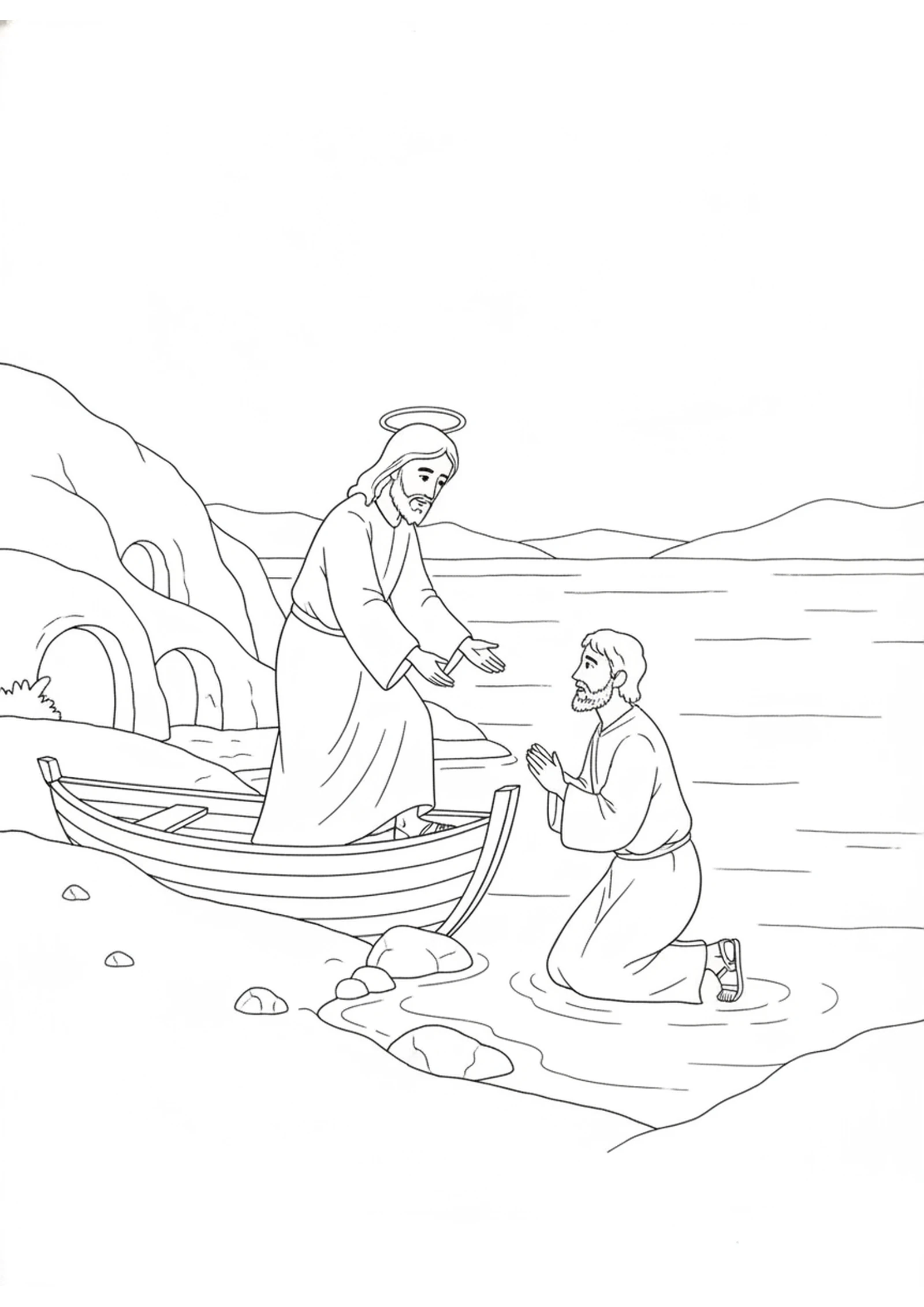 Jesus Steps Ashore — printable Bible coloring page from Healing the Man Among the Tombs