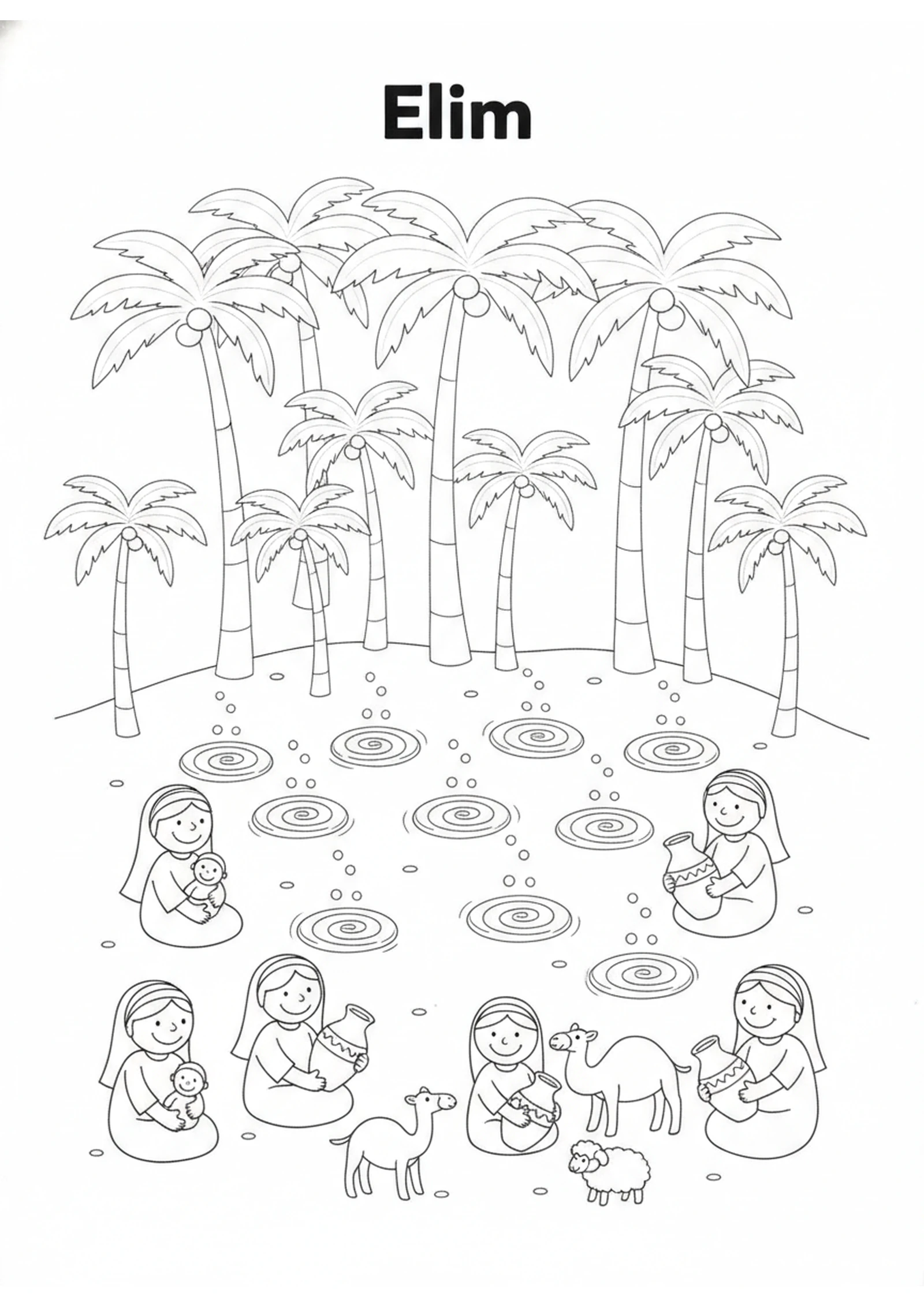 Resting at Elim — printable Bible coloring page from Bitter Water Made Sweet at Marah