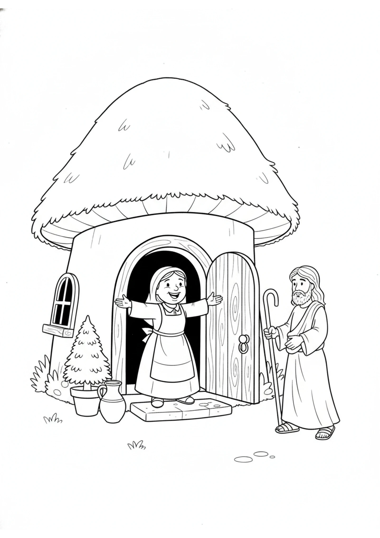 Martha Welcomes Jesus — printable Bible coloring page from Mary and Martha Welcome Jesus