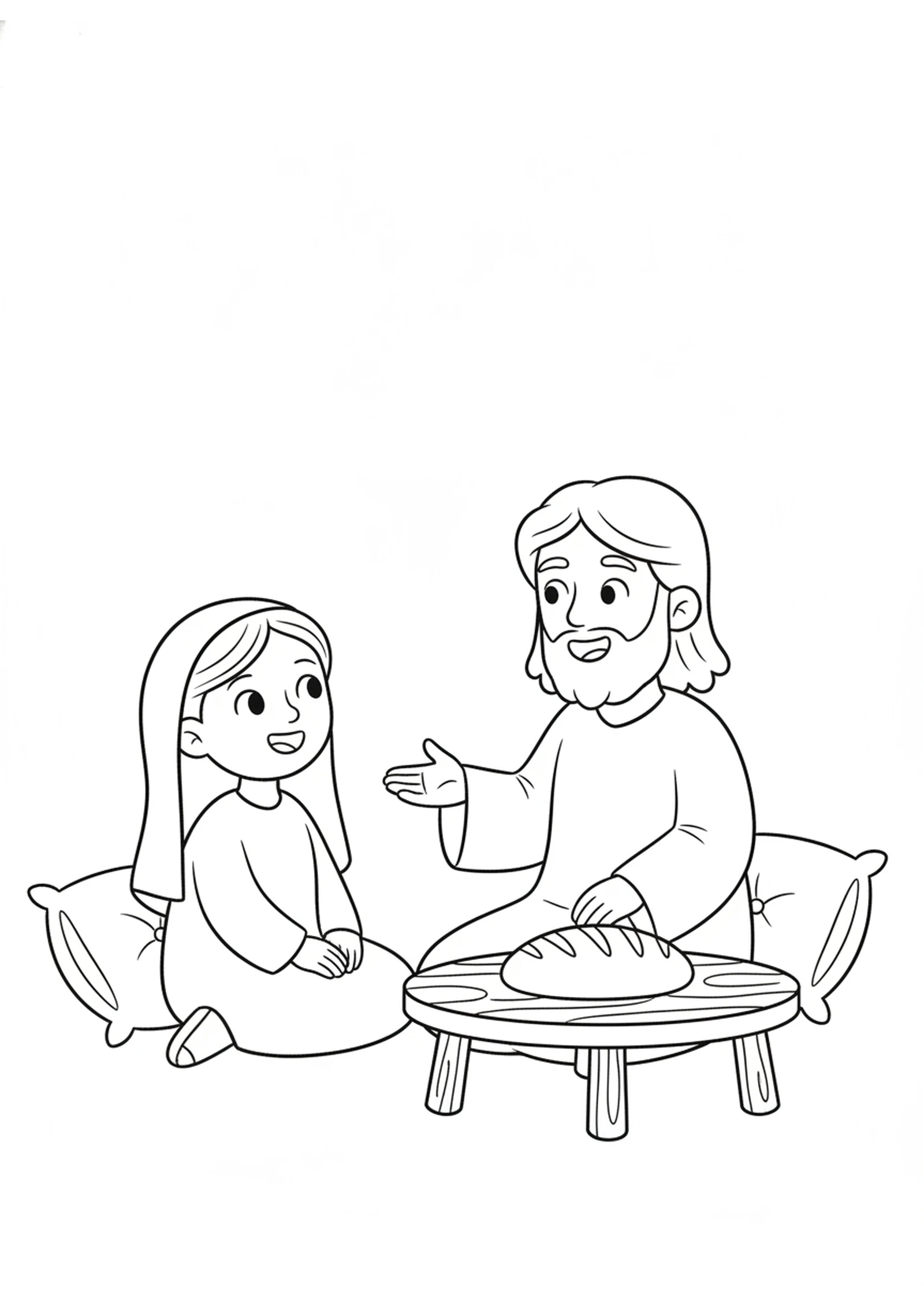 Mary Listens to Jesus — printable Bible coloring page from Mary and Martha Welcome Jesus