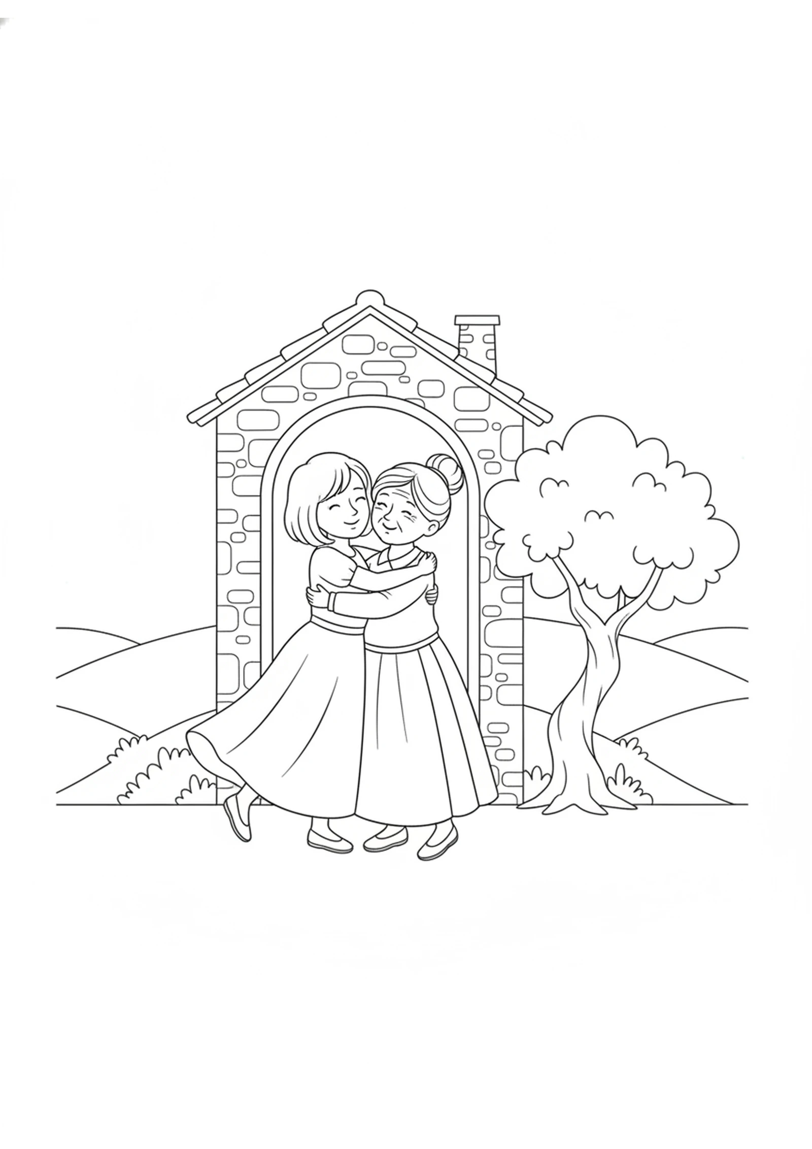 Mary and Elizabeth Hug — printable Bible coloring page from Mary Visits Elizabeth