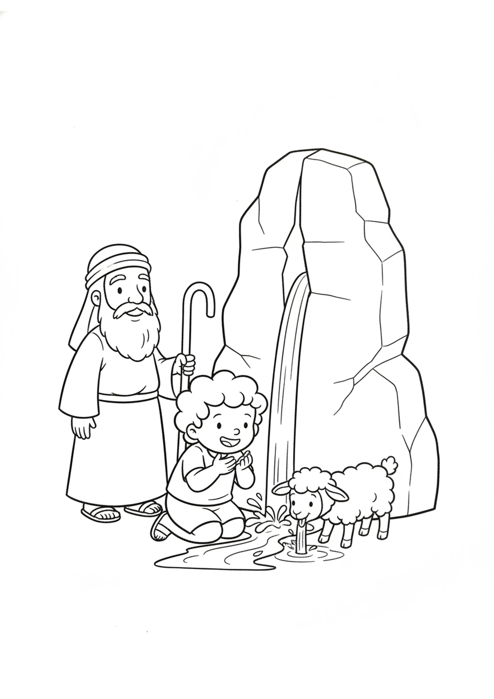Water from the Rock — printable Bible coloring page from Water at Meribah — Moses’ Mistake