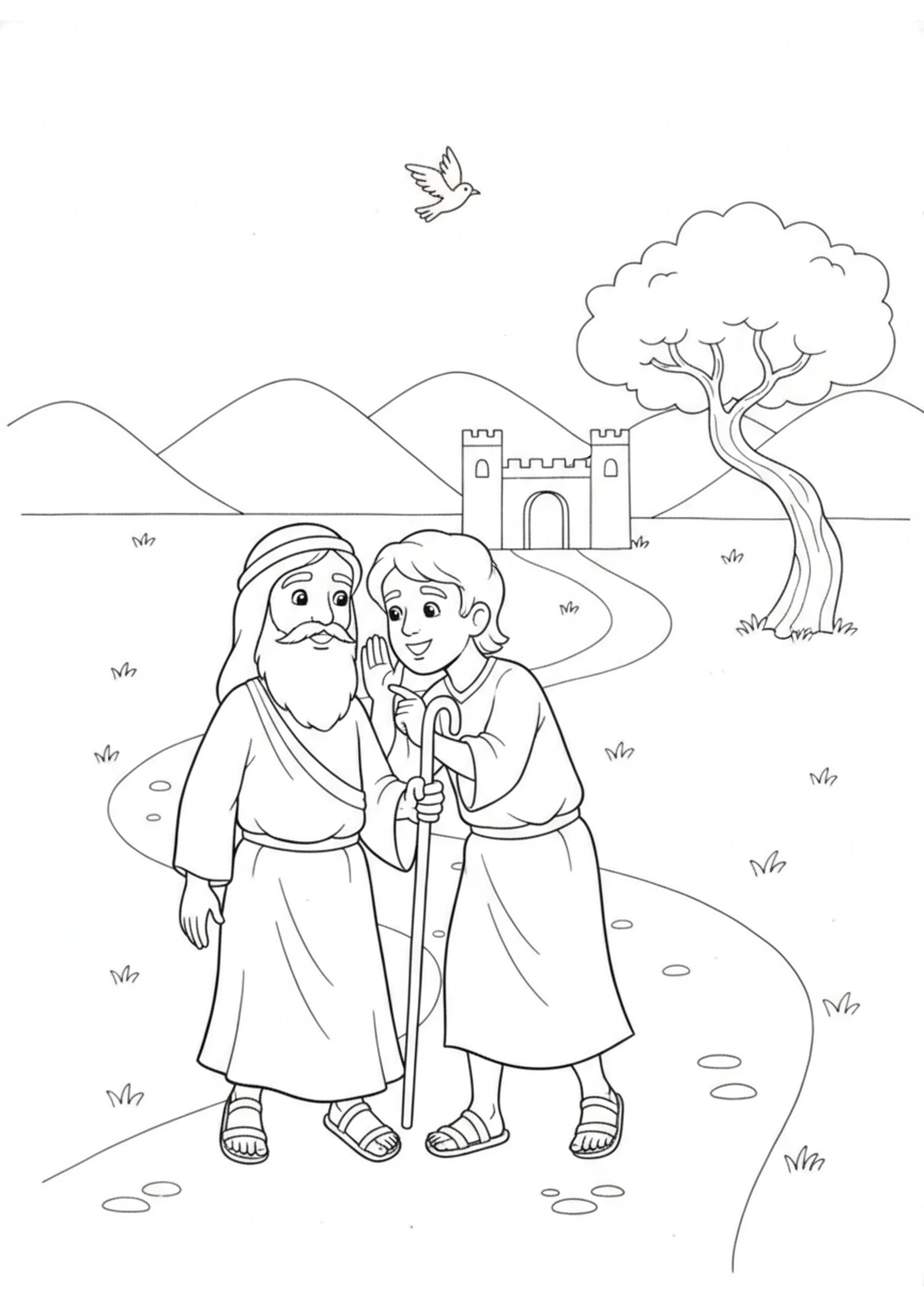 Micaiah and the Servant on the Road — printable Bible coloring page from Micaiah, the Prophet Who Wouldn’t Lie