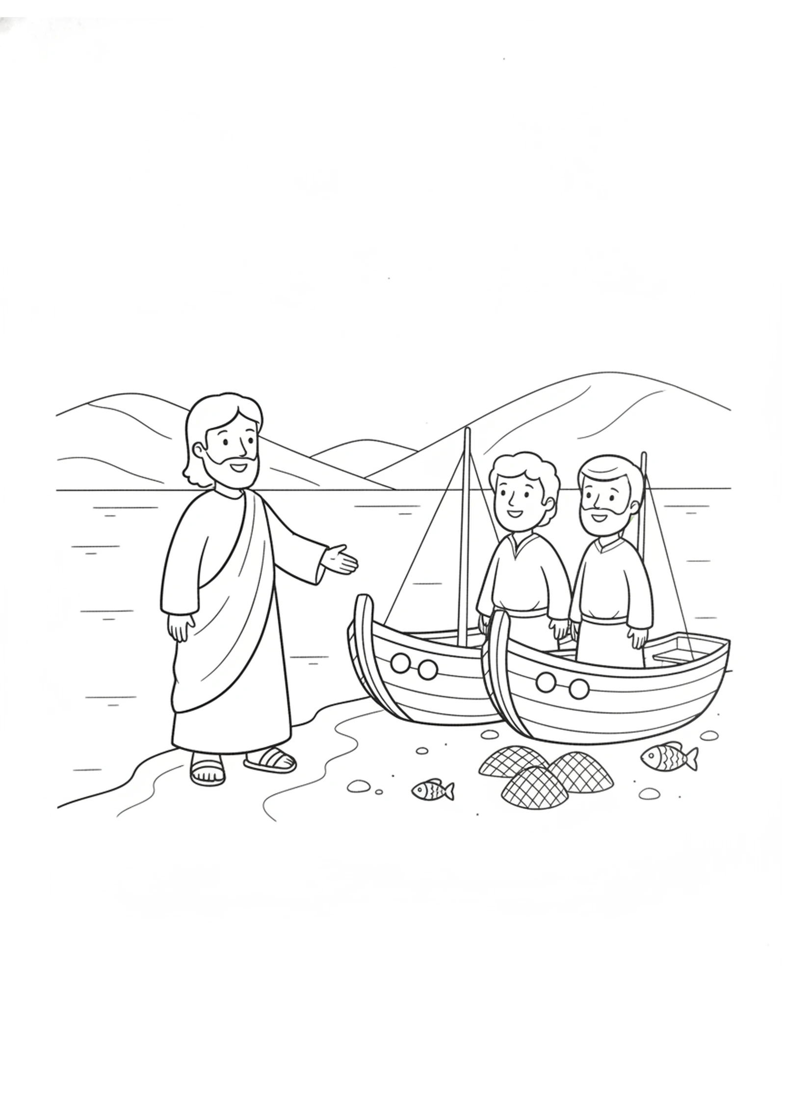 Following Jesus — printable Bible coloring page from The Miraculous Catch of Fish