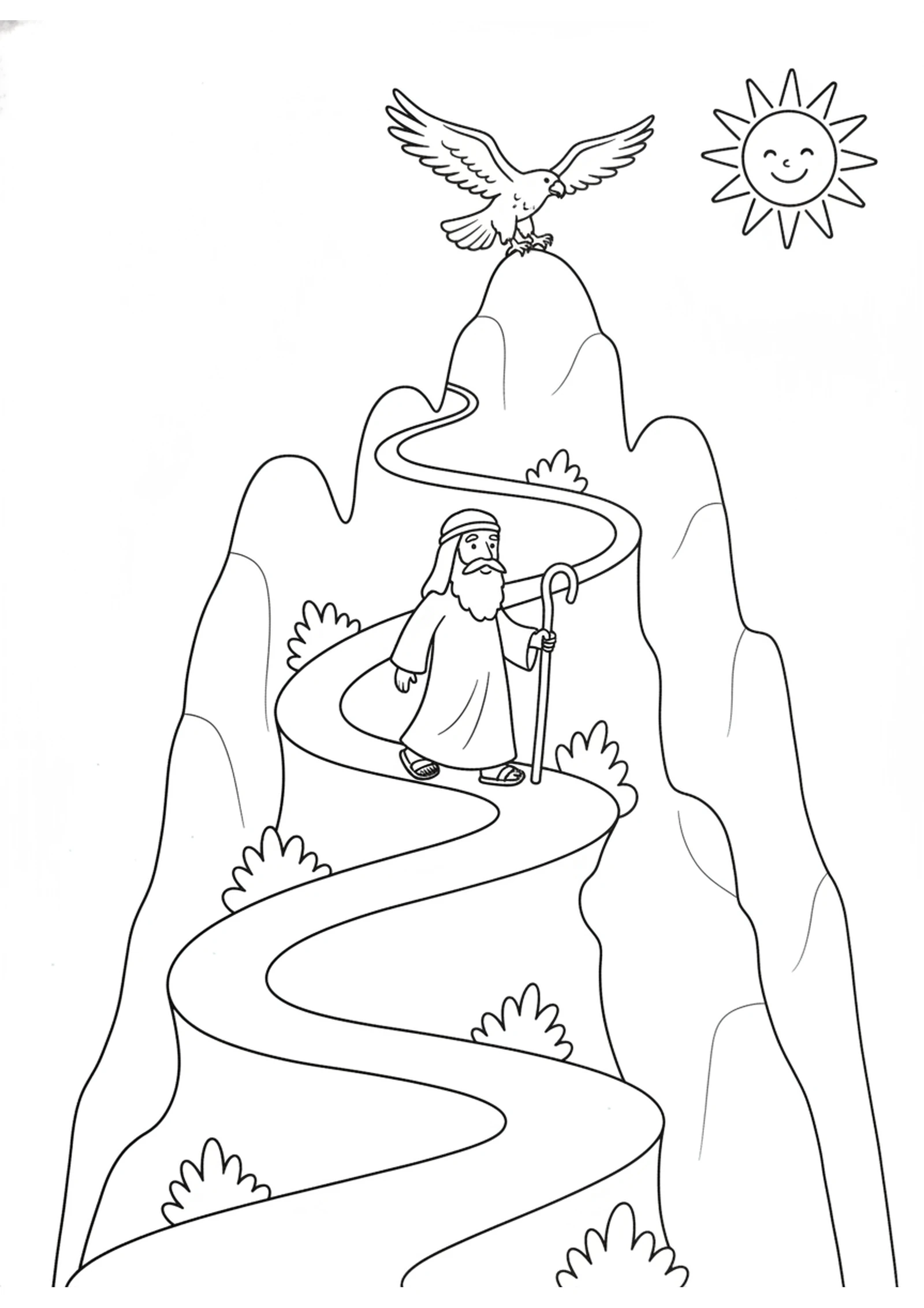 Climbing Mount Nebo — printable Bible coloring page from The Death of Moses