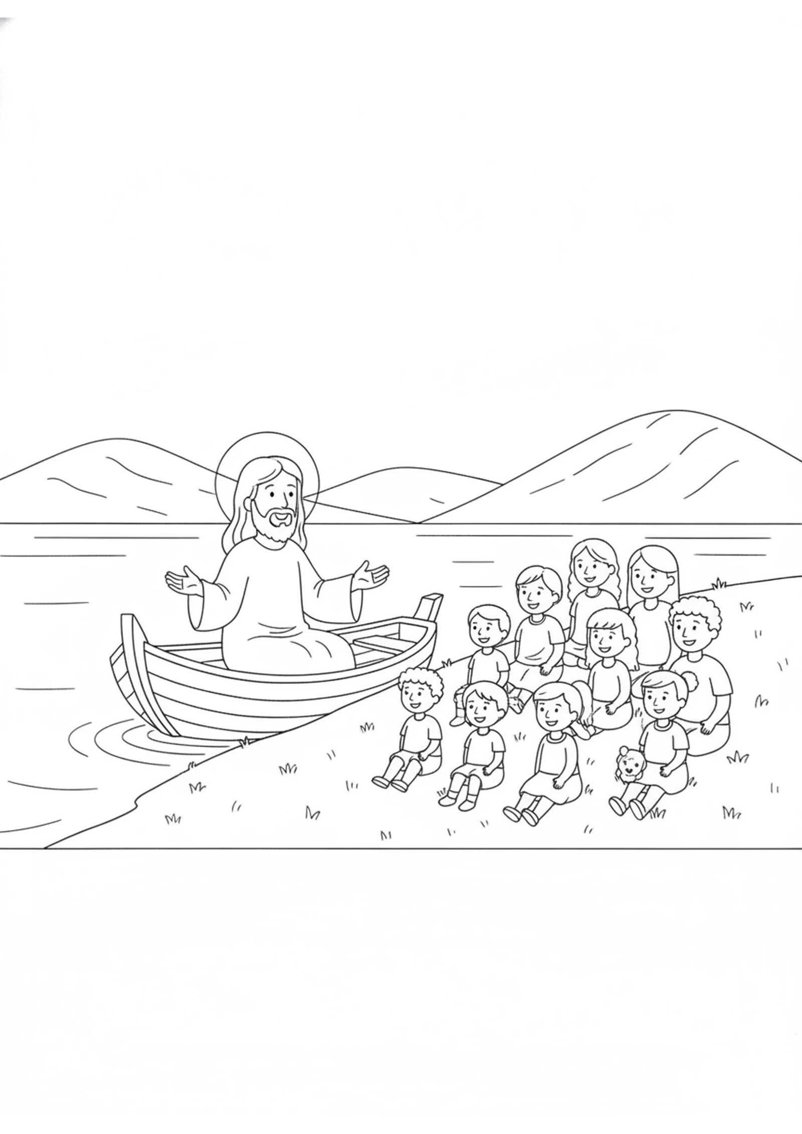 Jesus Teaching by the Lake — printable Bible coloring page from The Tiny Mustard Seed