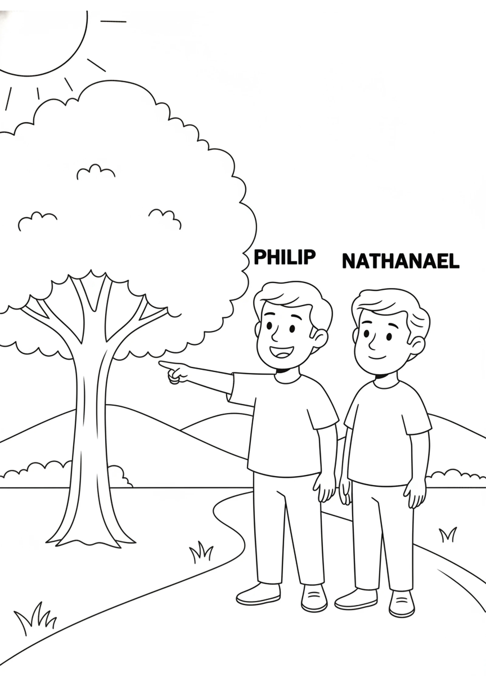Philip Says Come and See — printable Bible coloring page from Nathanael Under the Fig Tree