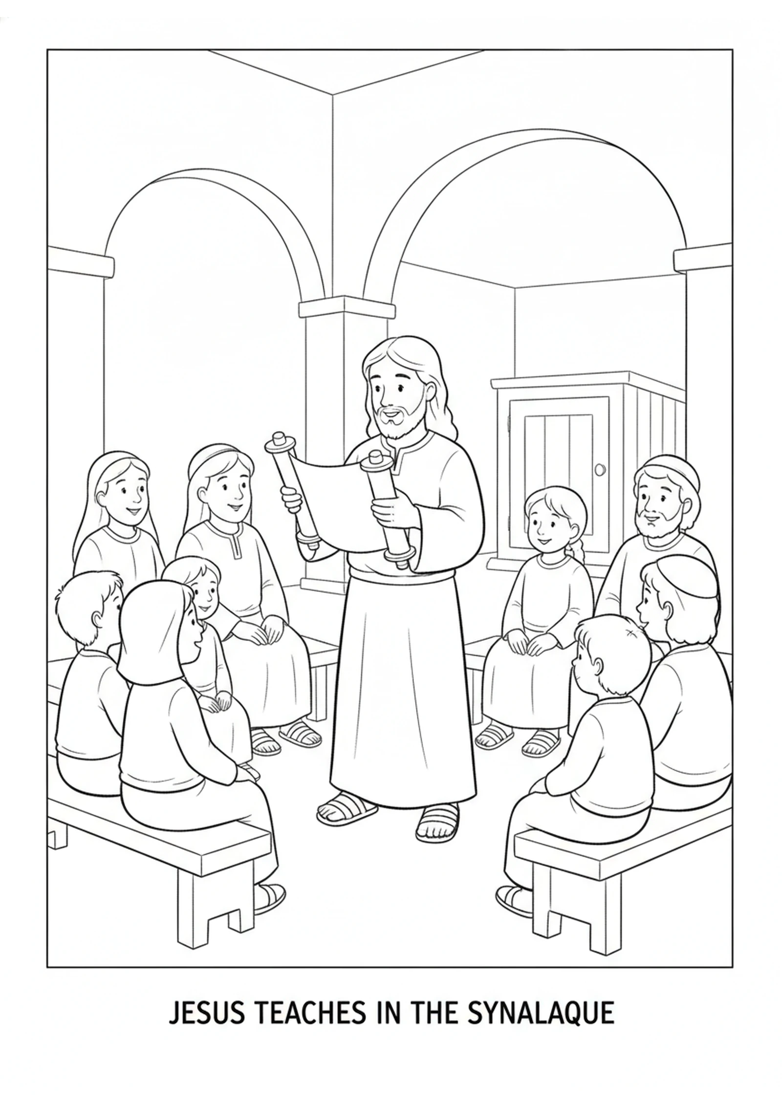 Jesus Reads the Scroll — printable Bible coloring page from Jesus Reads in the Synagogue of Nazareth