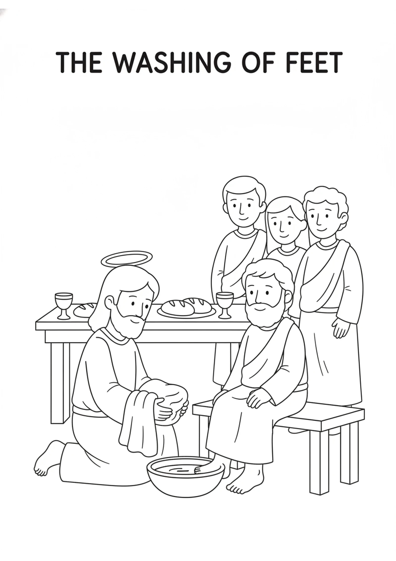 Jesus Washes His Friends' Feet — printable Bible coloring page from The New Commandment — Love One Another