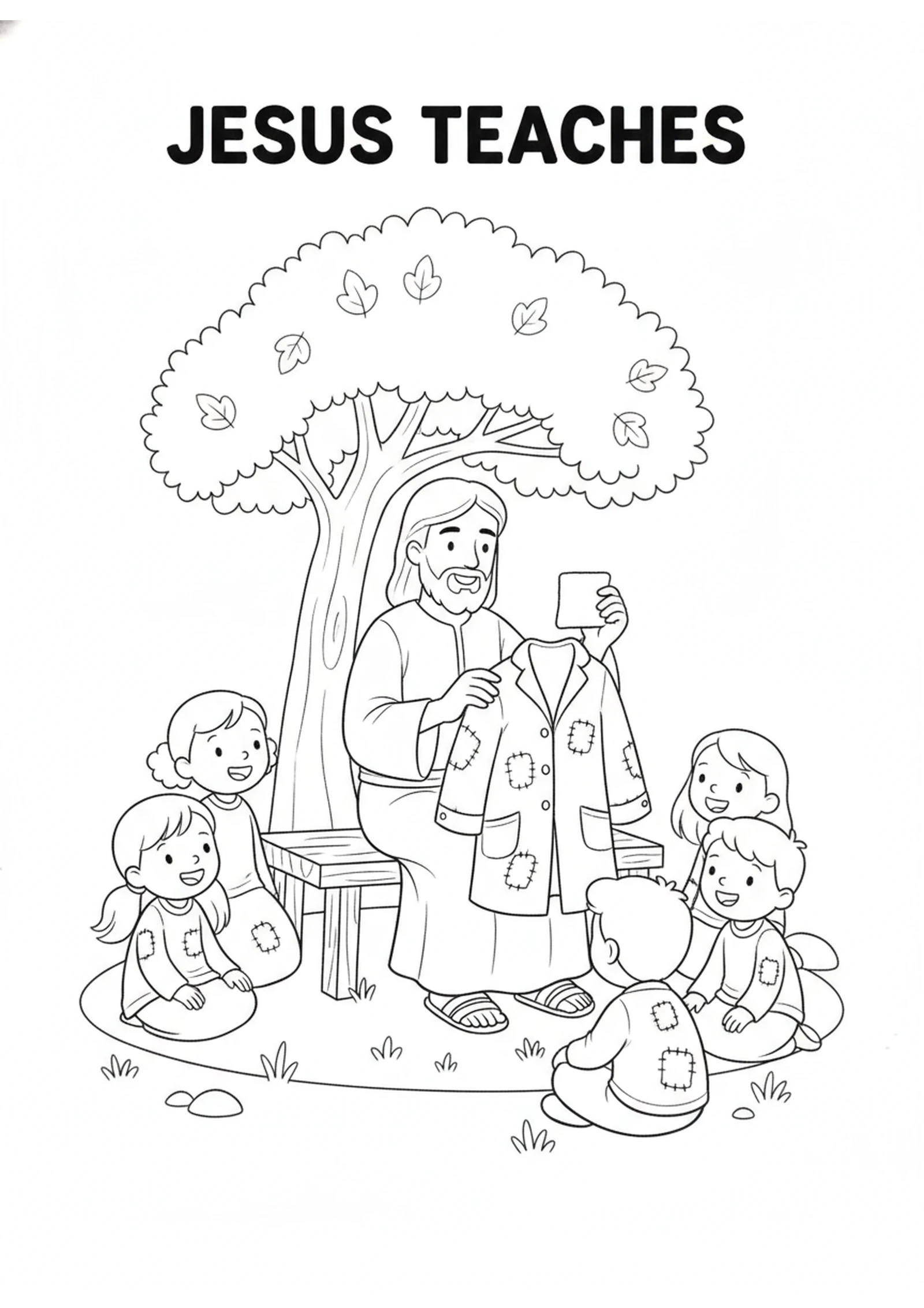 Jesus Teaching About the Coat — printable Bible coloring page from New Cloth and New Wineskins