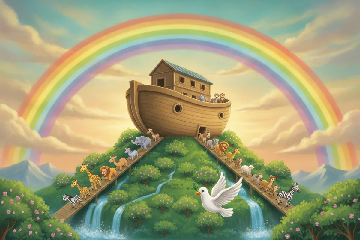 Noah's ark with animals under a rainbow — a storybook illustration