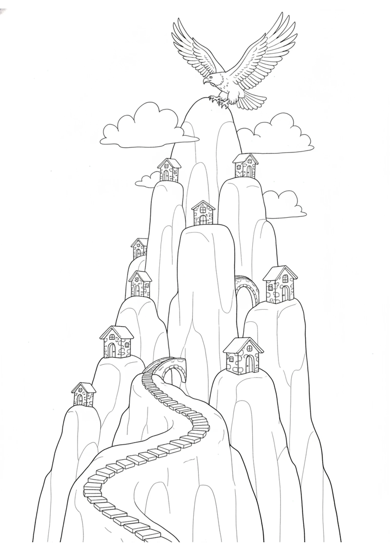 The High Mountain City of Edom — printable Bible coloring page from Obadiah — Pride Comes Down