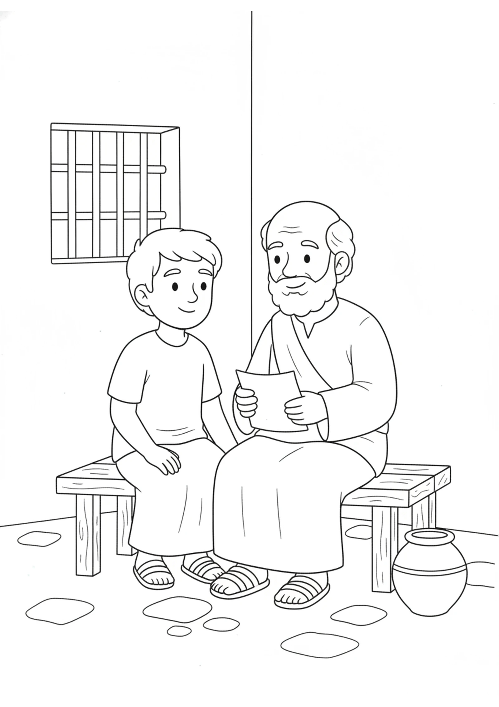 Onesimus Meets Paul — printable Bible coloring page from Onesimus Comes Home