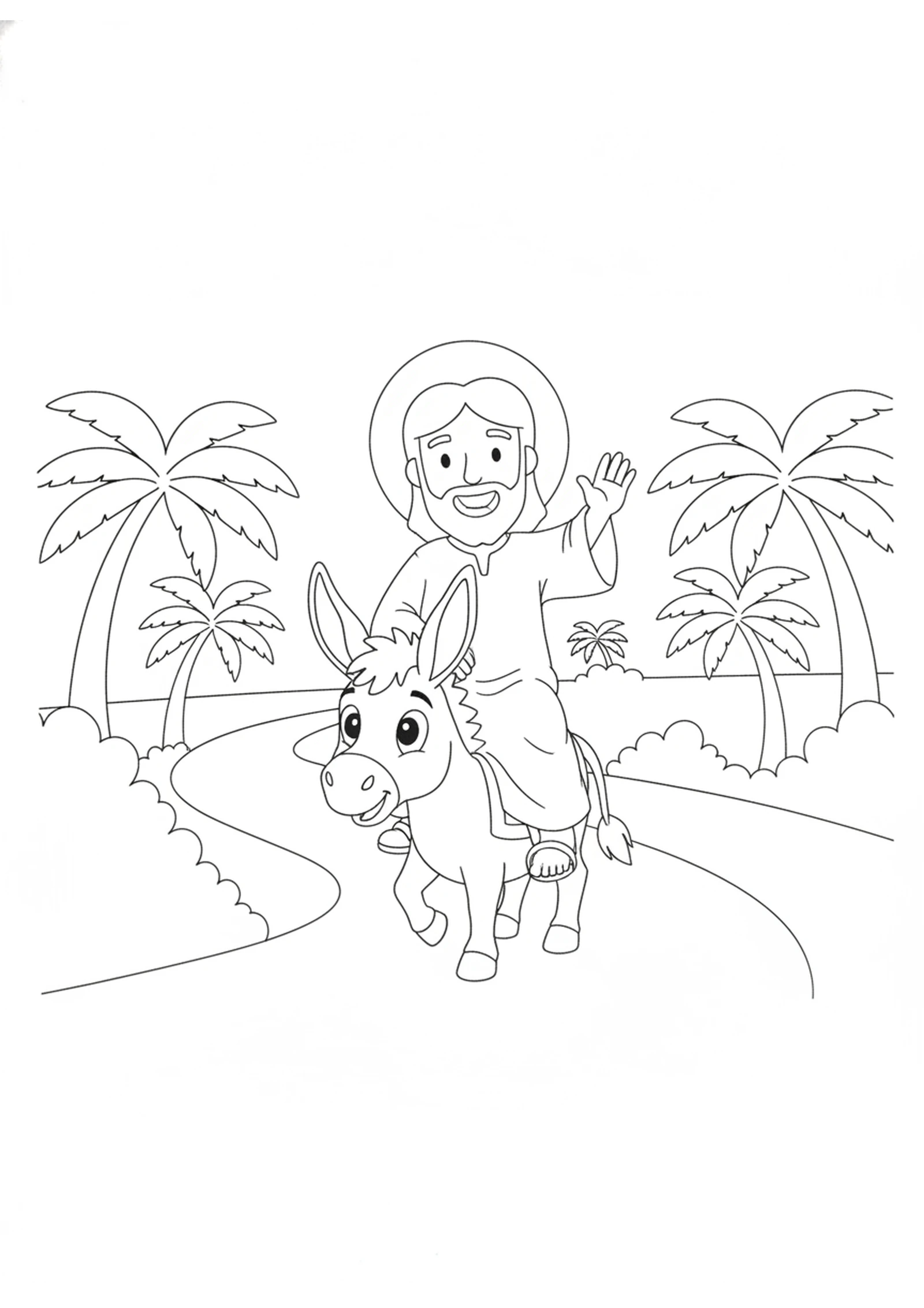 Jesus Rides the Little Donkey — printable Bible coloring page from Palm Sunday — The Triumphal Entry