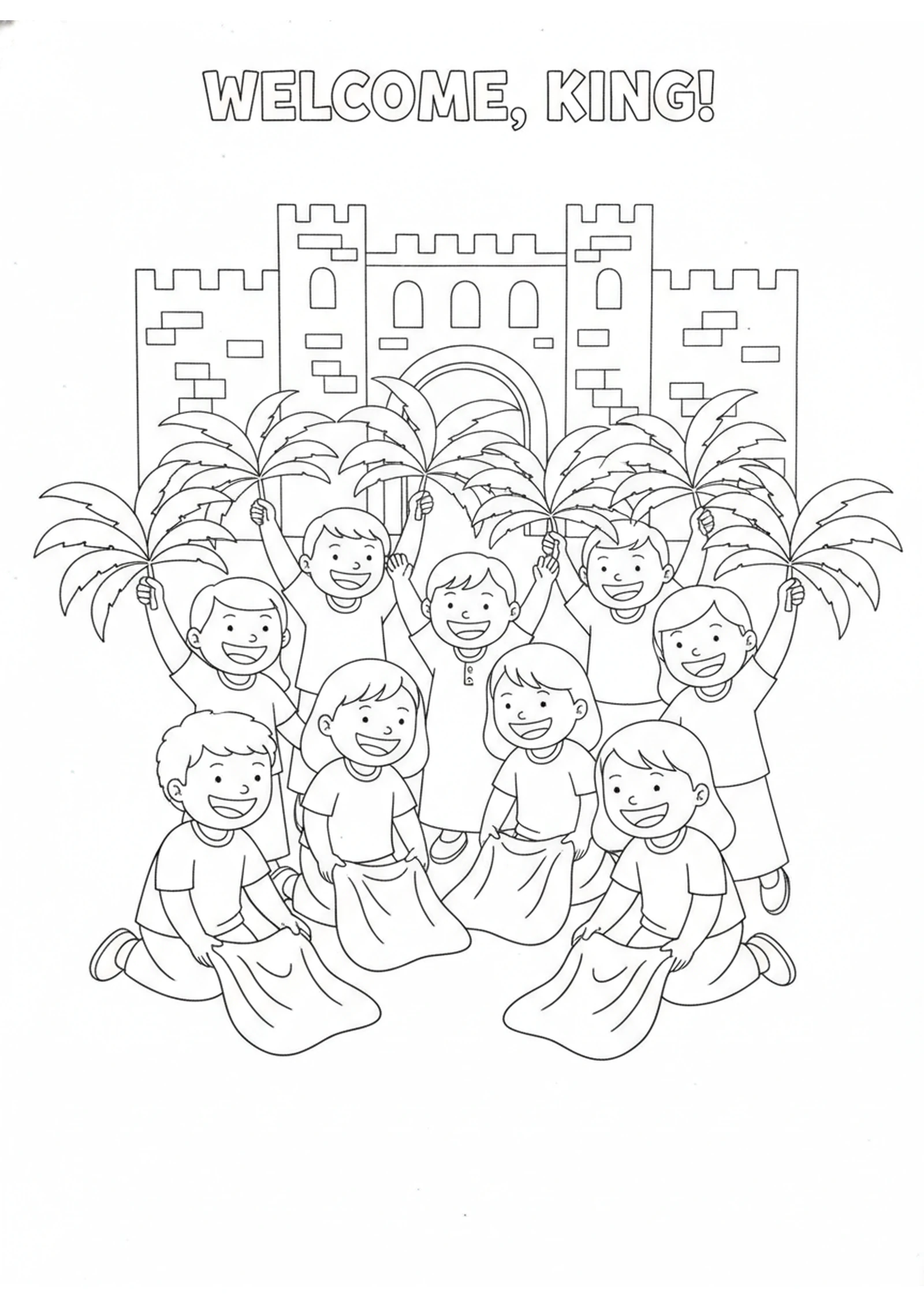 Children Wave Palm Branches — printable Bible coloring page from Palm Sunday — The Triumphal Entry